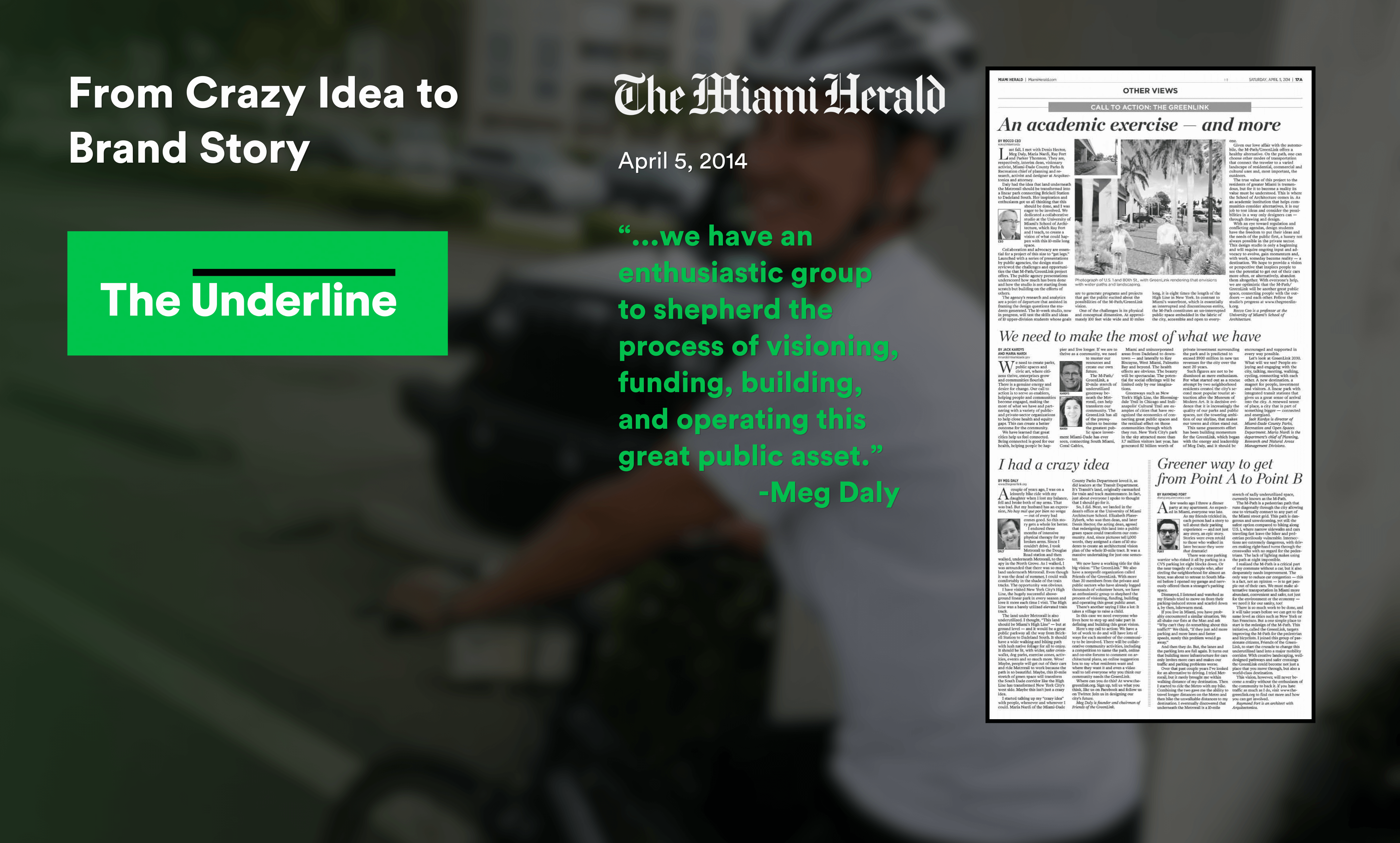 Newspaper article from The Miami Herald dated April 5, 2014, titled 'An academic exercise—and more' with a quote about enthusiastic group visioning from Meg Daly.