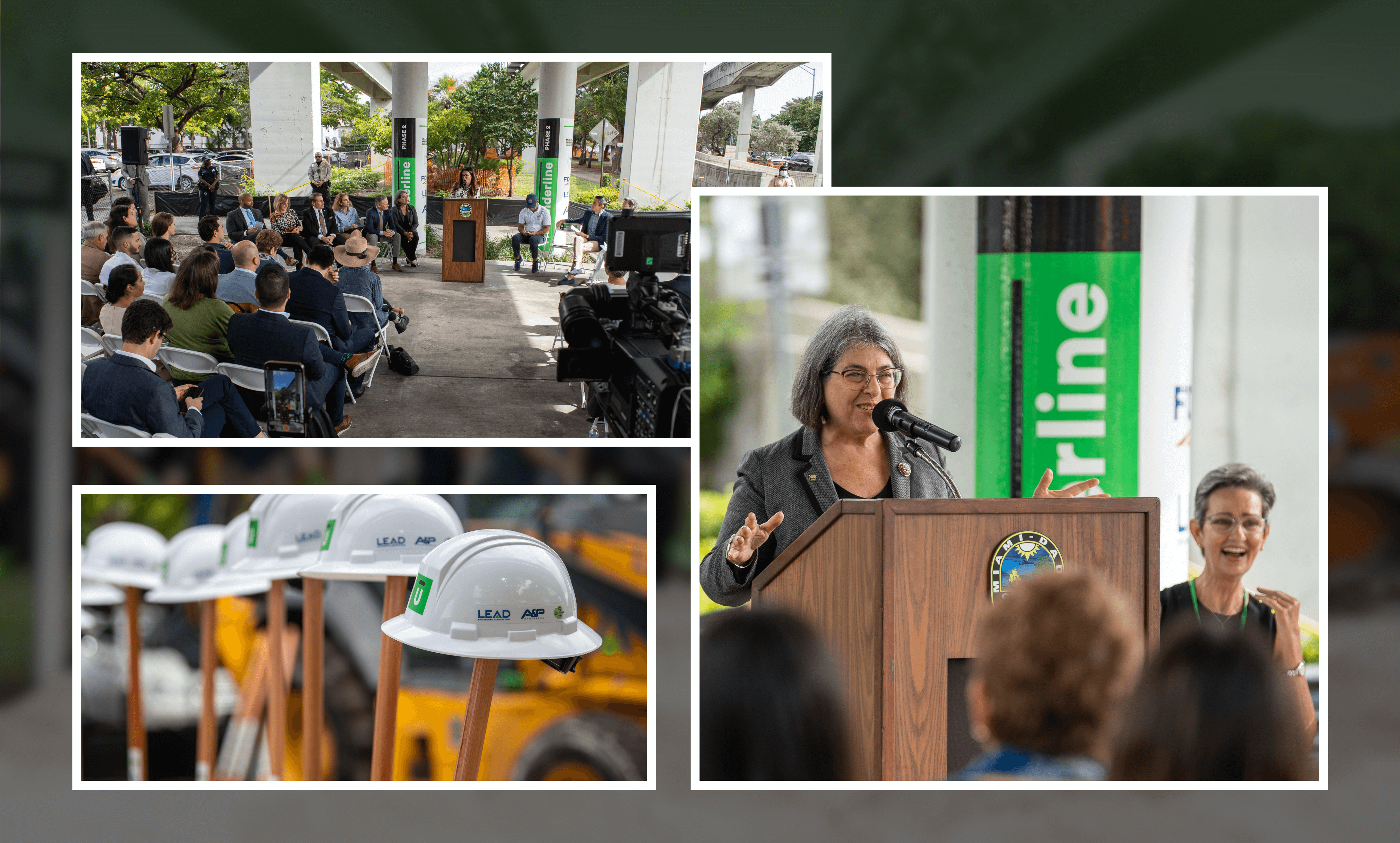 Collage showing a groundbreaking ceremony with a speaker at a podium, an audience seated outdoors, and a row of white hard hats on shovels.