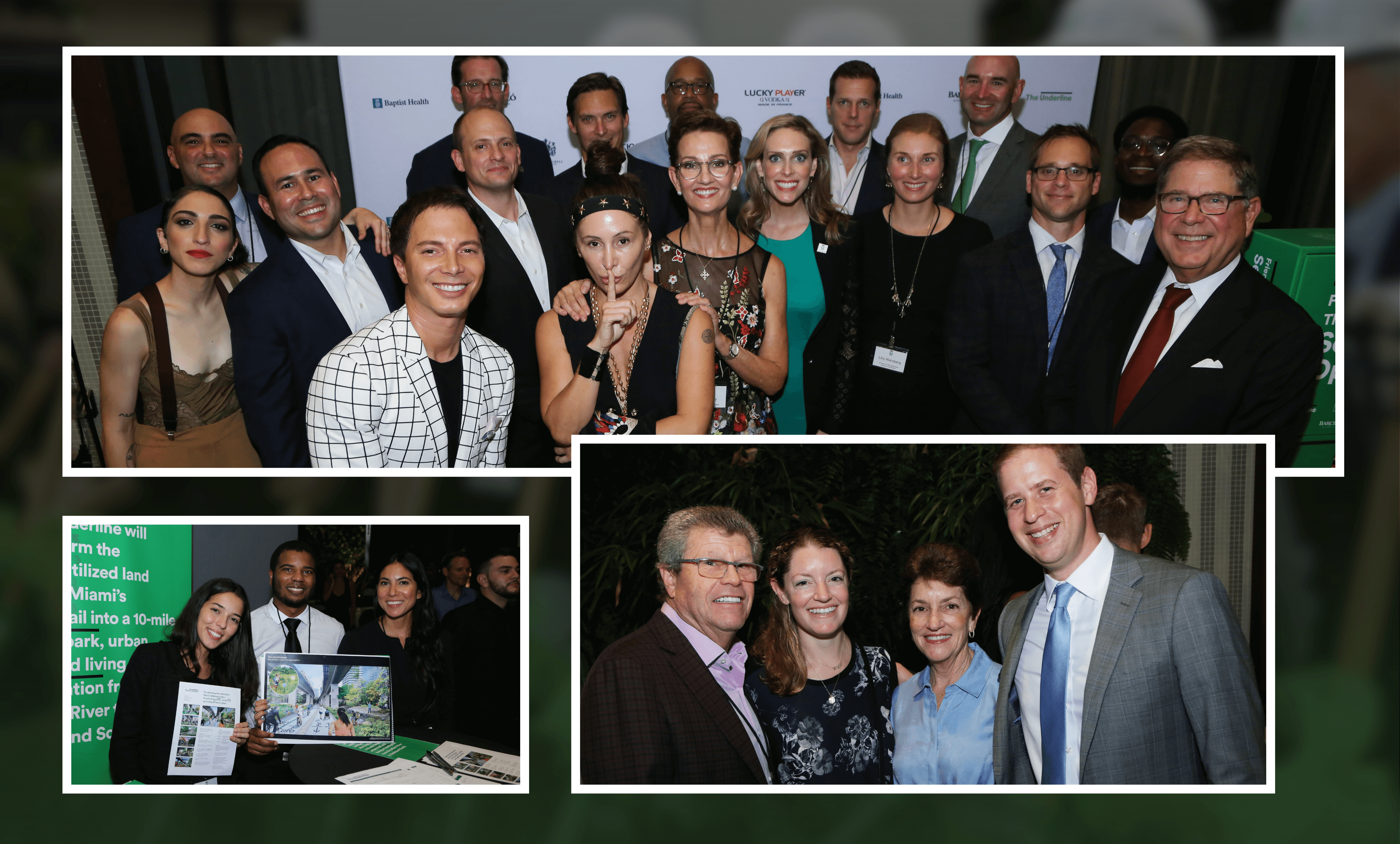 Collage of three photos showing groups of people smiling and posing at a professional event with a backdrop displaying sponsor logos.