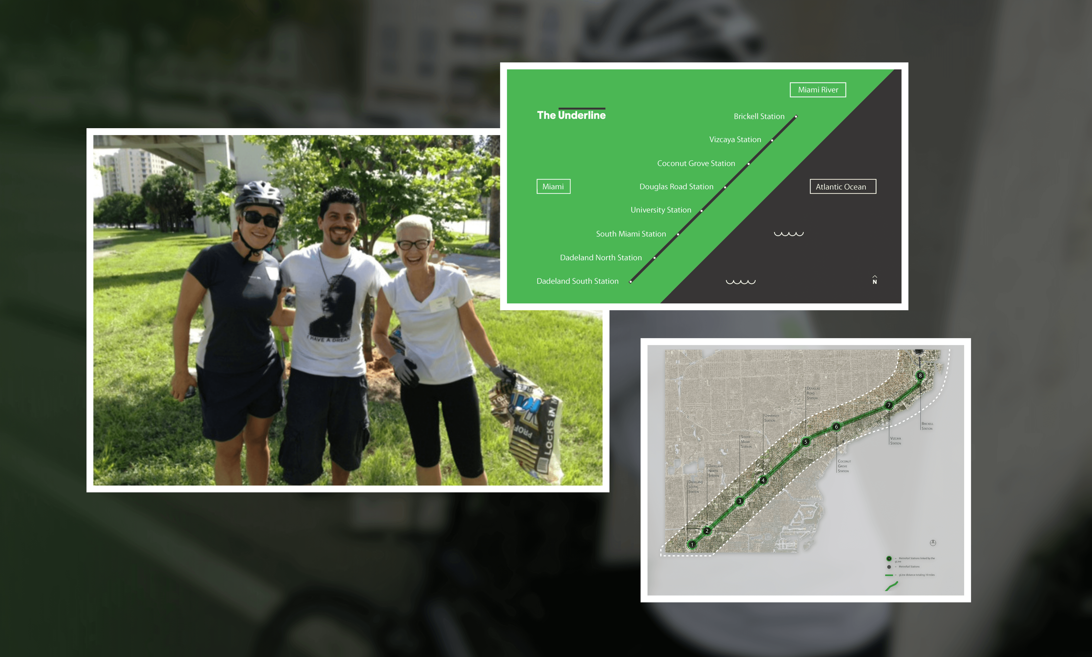 Three people smiling outdoors on grass with trees; two inset maps show The Underline transit stations in Miami and a detailed route map.