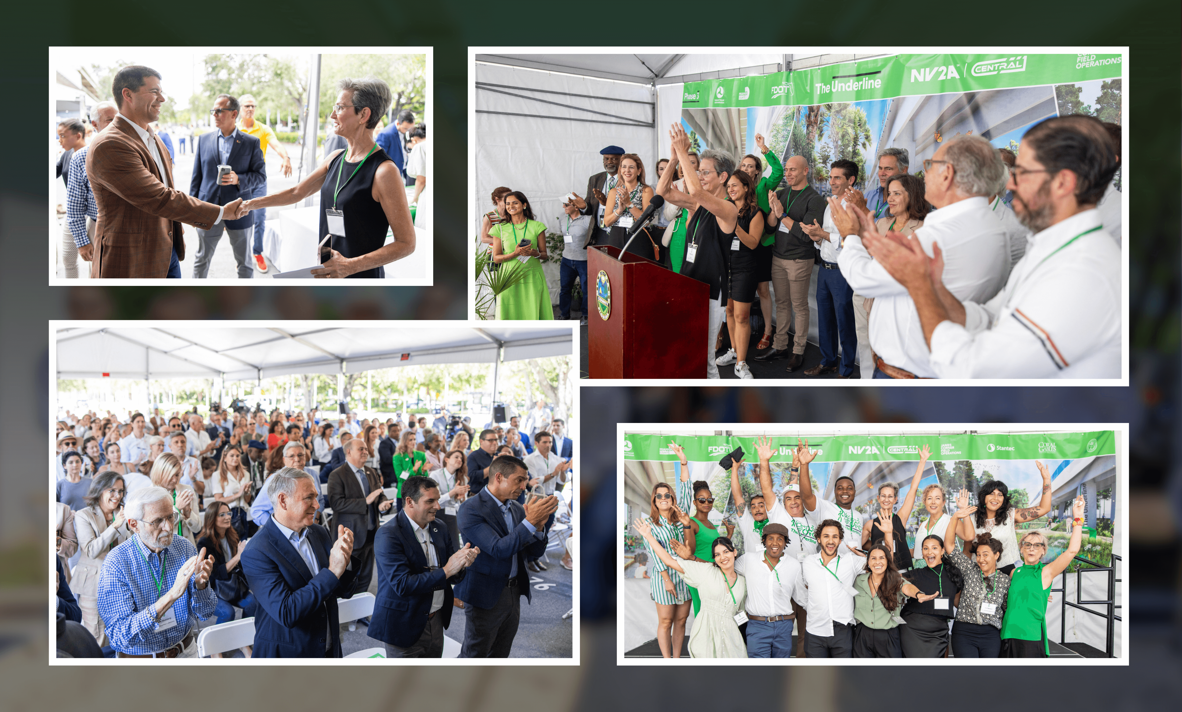 Collage of four images showing a community event with people shaking hands, applauding under a tent with a podium, a large seated audience clapping, and a group photo of smiling, diverse participants raising their hands in front of a banner.