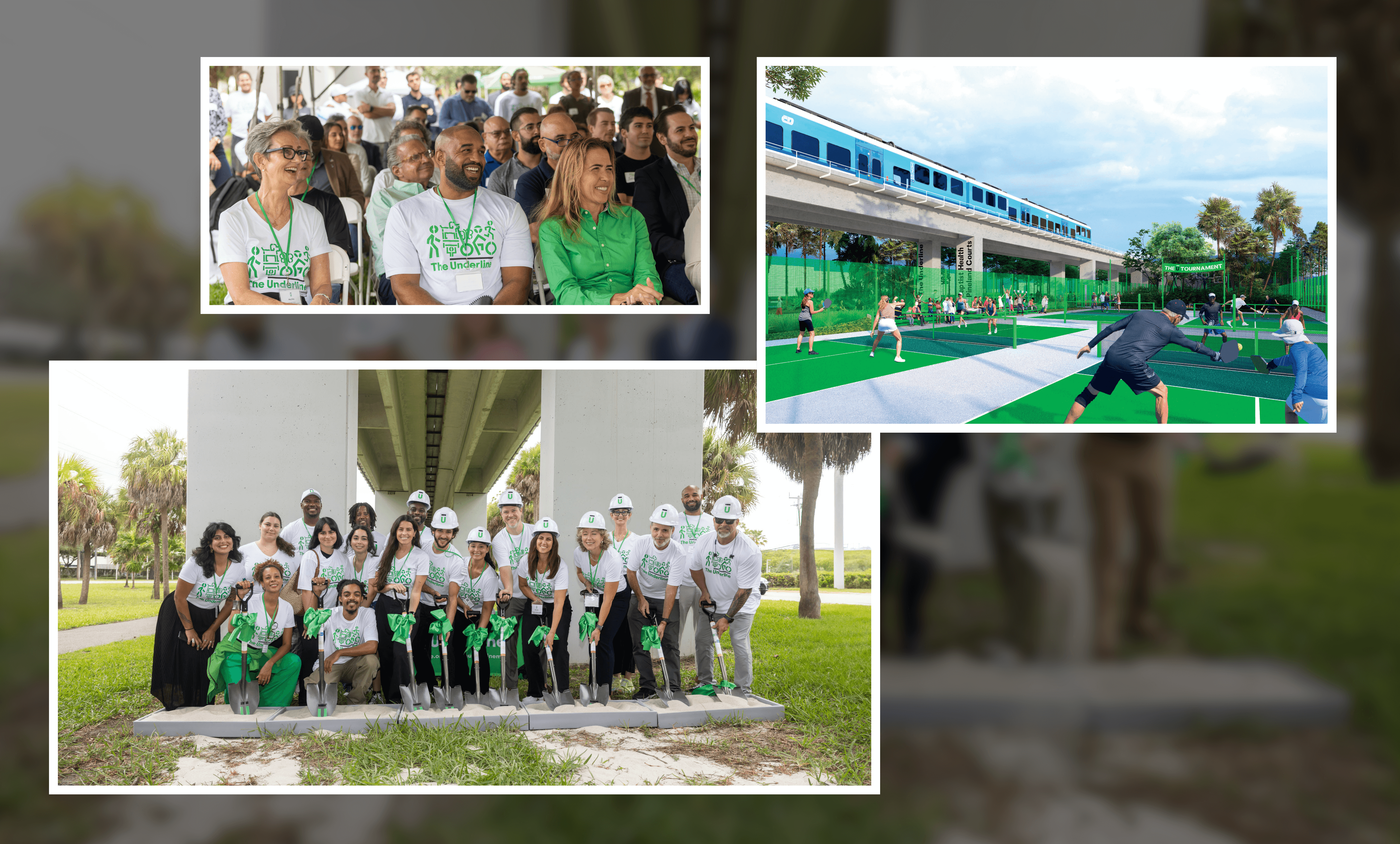 Collage showing people at an outdoor community event: top left, a seated audience smiling; bottom, a group of people in matching shirts with shovels at a groundbreaking under a bridge; right, a rendering of people playing pickleball near an elevated train track.