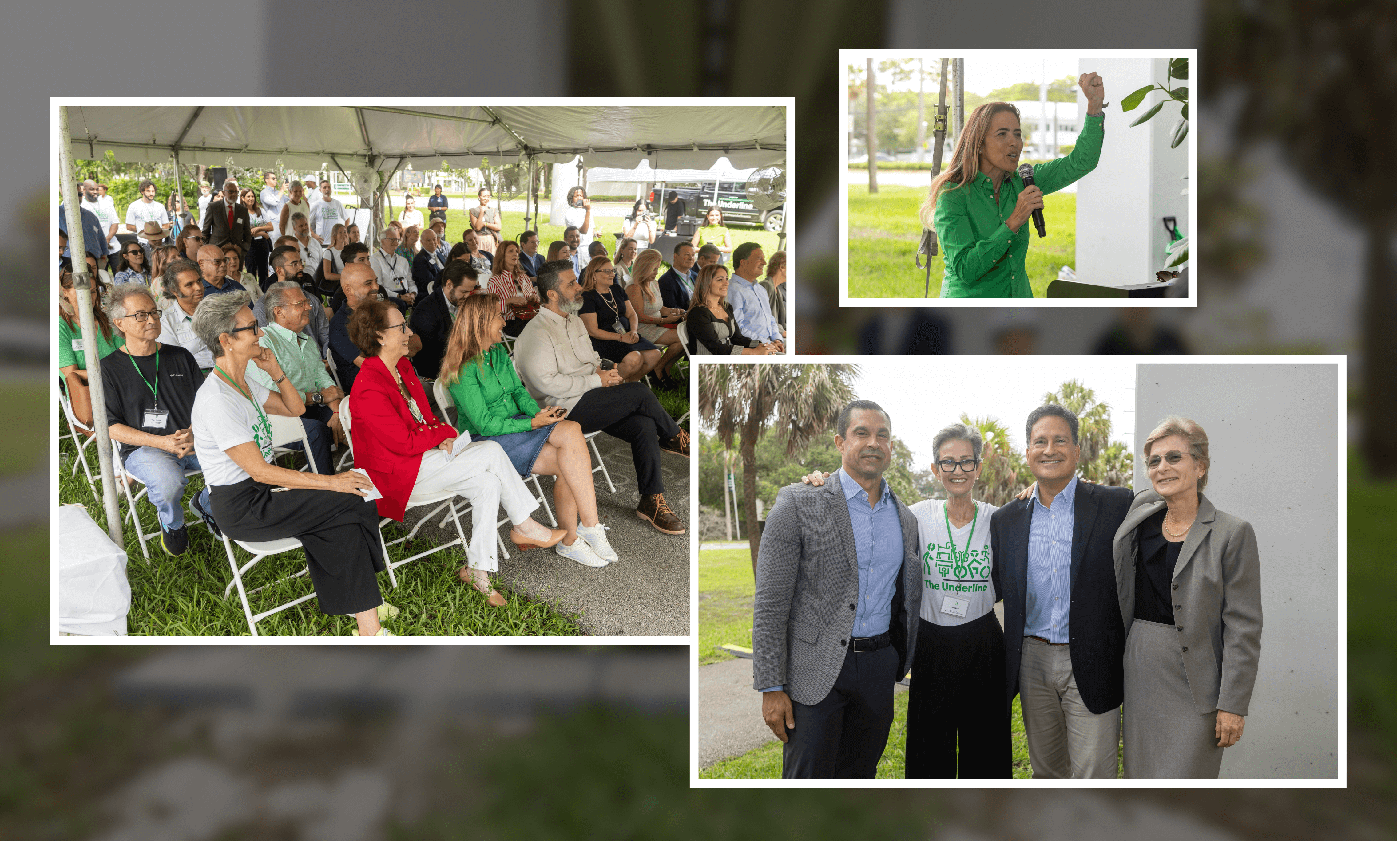 Collage of three images showing people at an outdoor event: a seated audience under a tent, a woman in a green shirt speaking with a microphone, and four adults posing and smiling together outdoors.