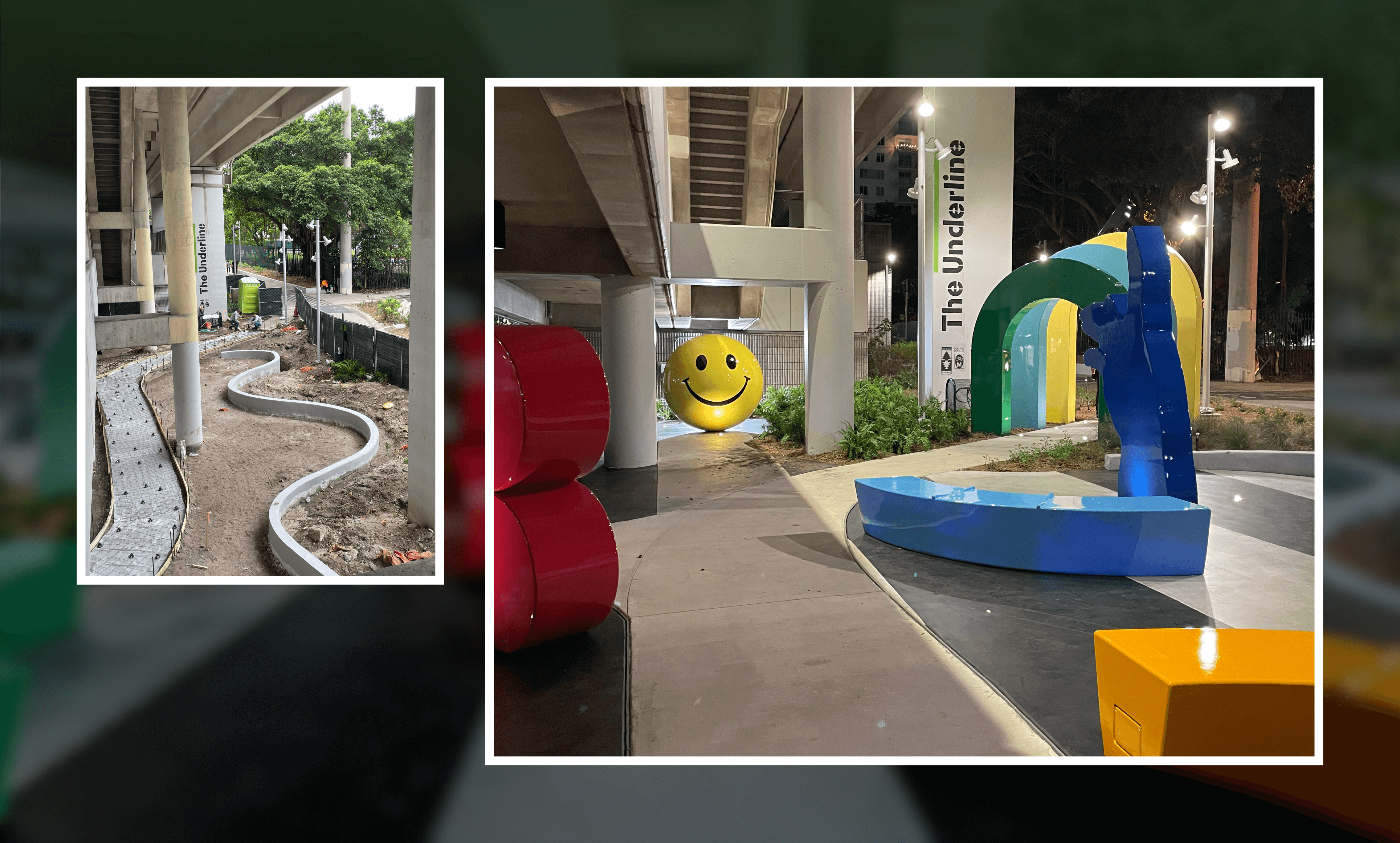 Night view of colorful playground structures including a blue bench, rainbow arches, large red shapes, and a large yellow smiley face under an overpass with 'The Underline' sign visible; inset daytime photo shows curved concrete path under construction.
