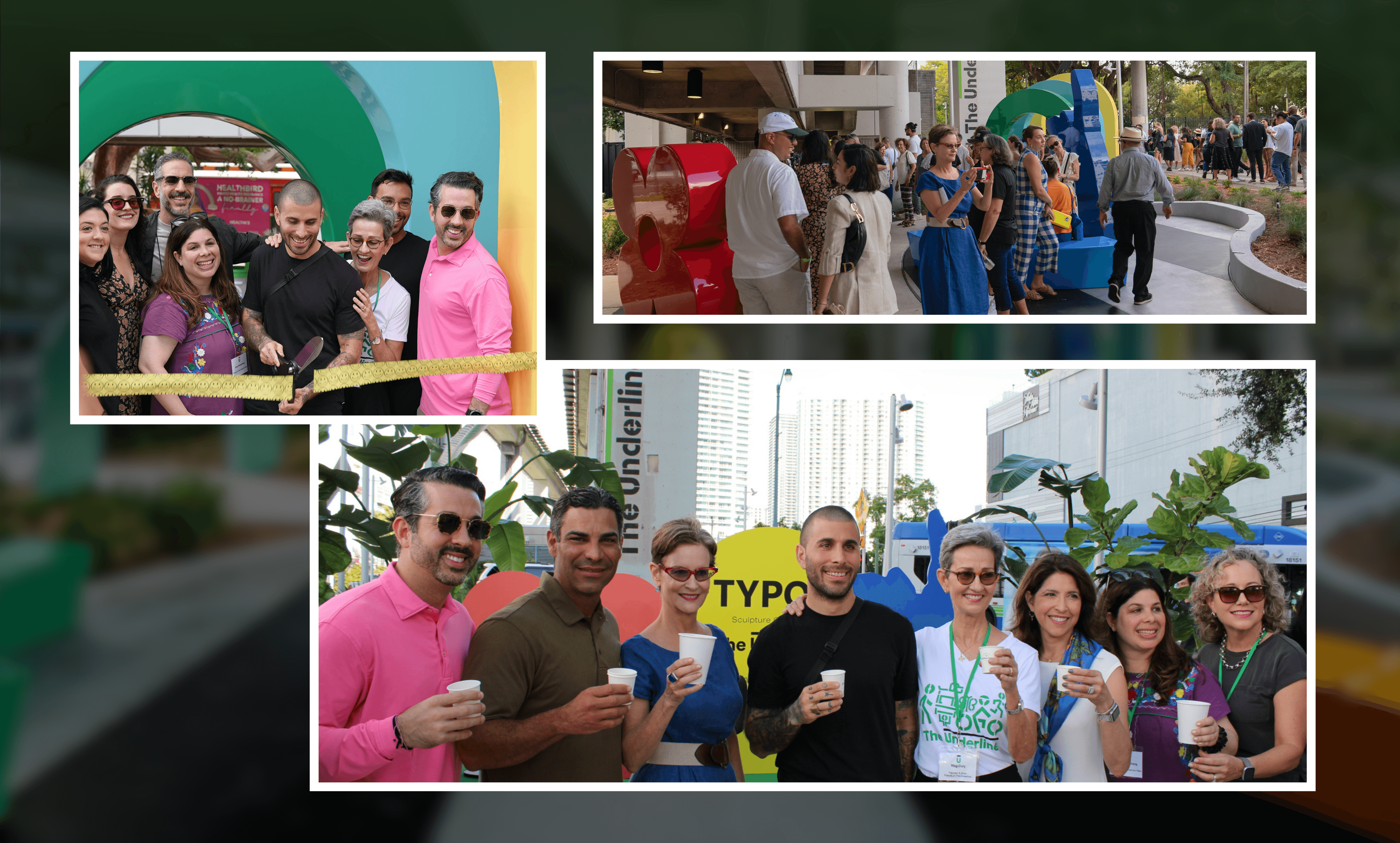 Collage of three photos showing a group of people at an outdoor event with colorful sculptures, including a ribbon-cutting ceremony and attendees holding cups and mingling.