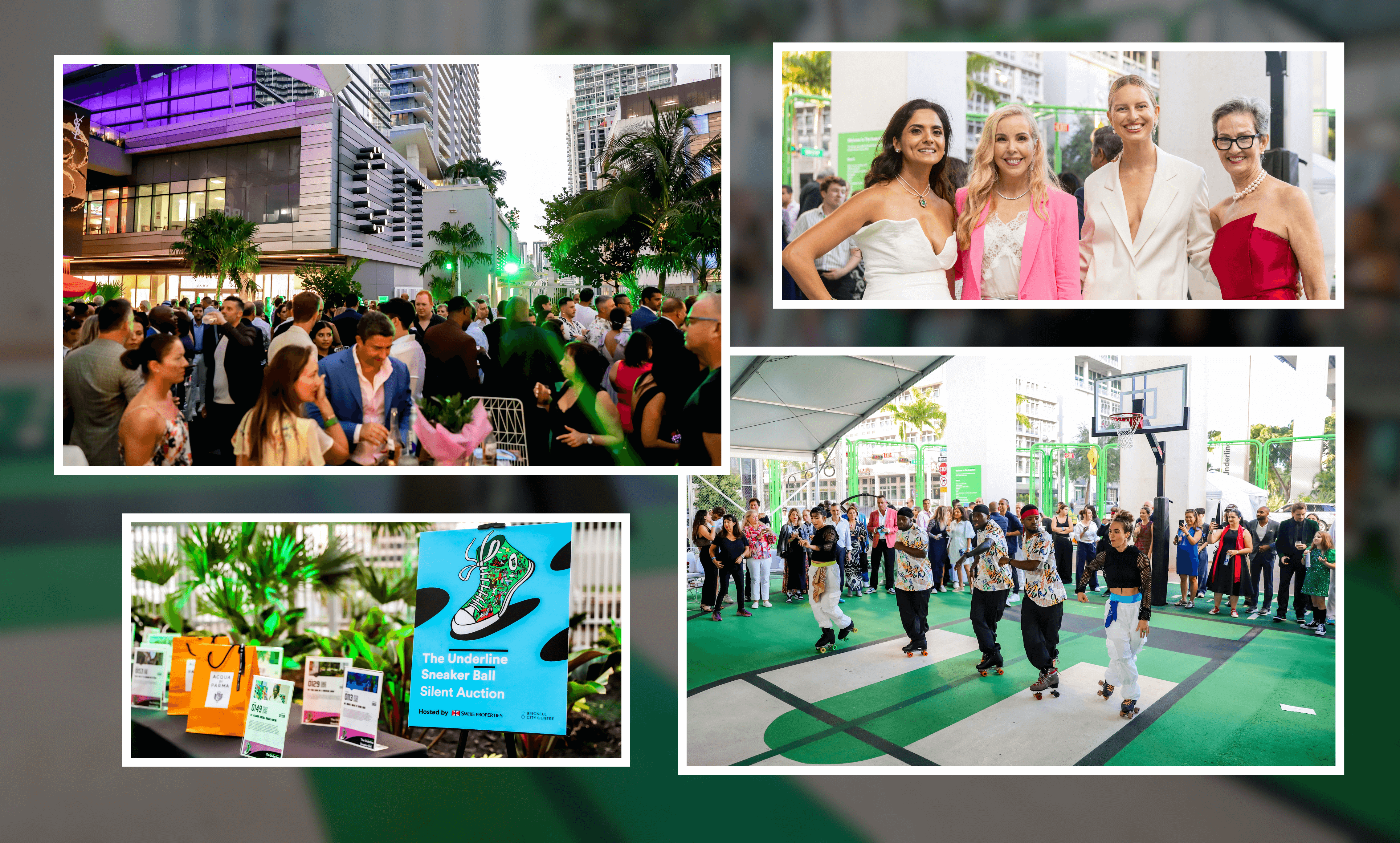 Collage showing four scenes from a sneaker ball event: a lively crowd outdoors near modern buildings, four women dressed stylishly smiling, a silent auction table with colorful gift bags and a sneaker ball sign, and a group roller skating in formation on a basketball court with spectators.