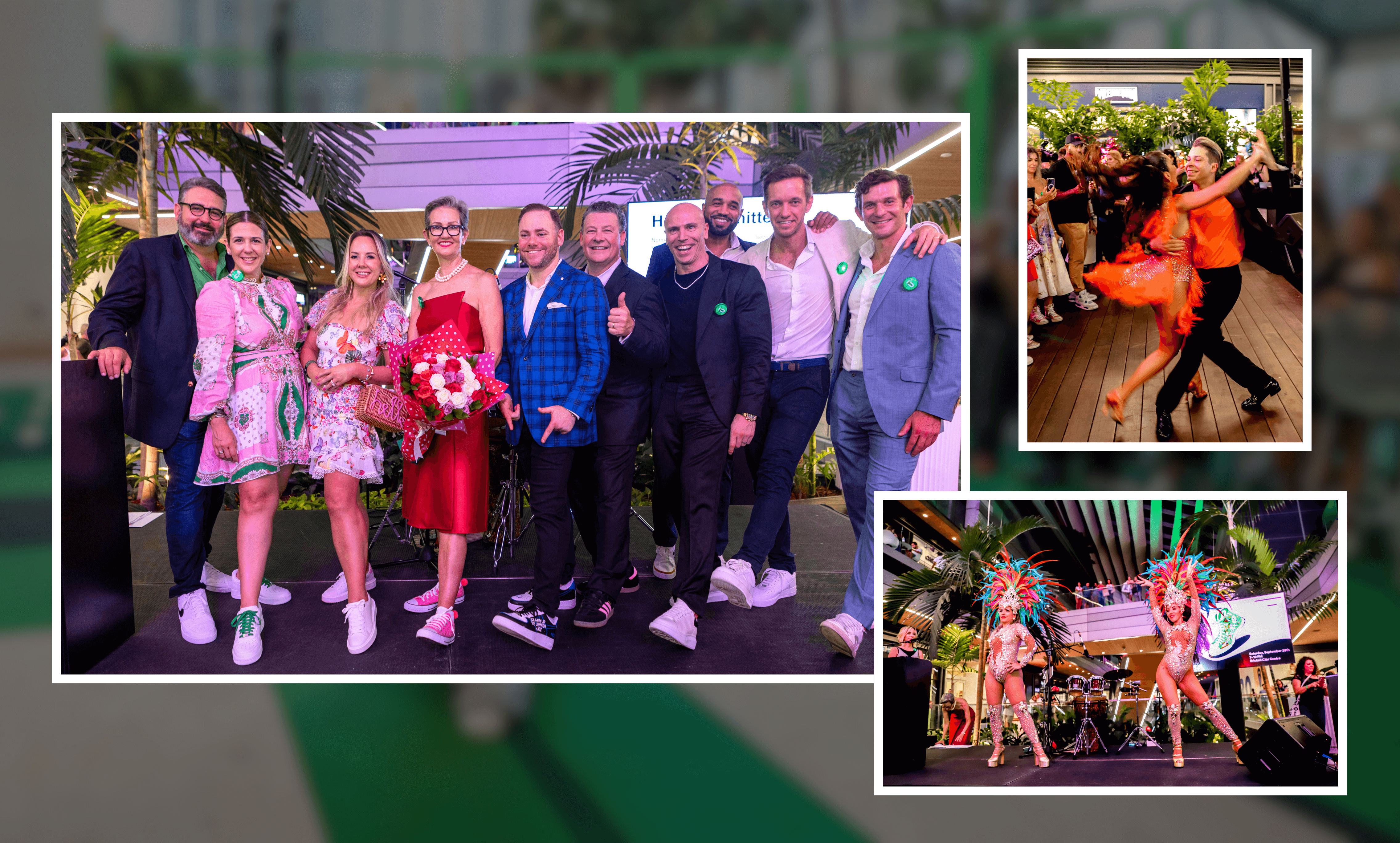 Collage of three photos from a lively event: a group of eight people posing on stage with flowers, a couple dancing in vibrant orange attire, and two performers in colorful feathered costumes on stage.