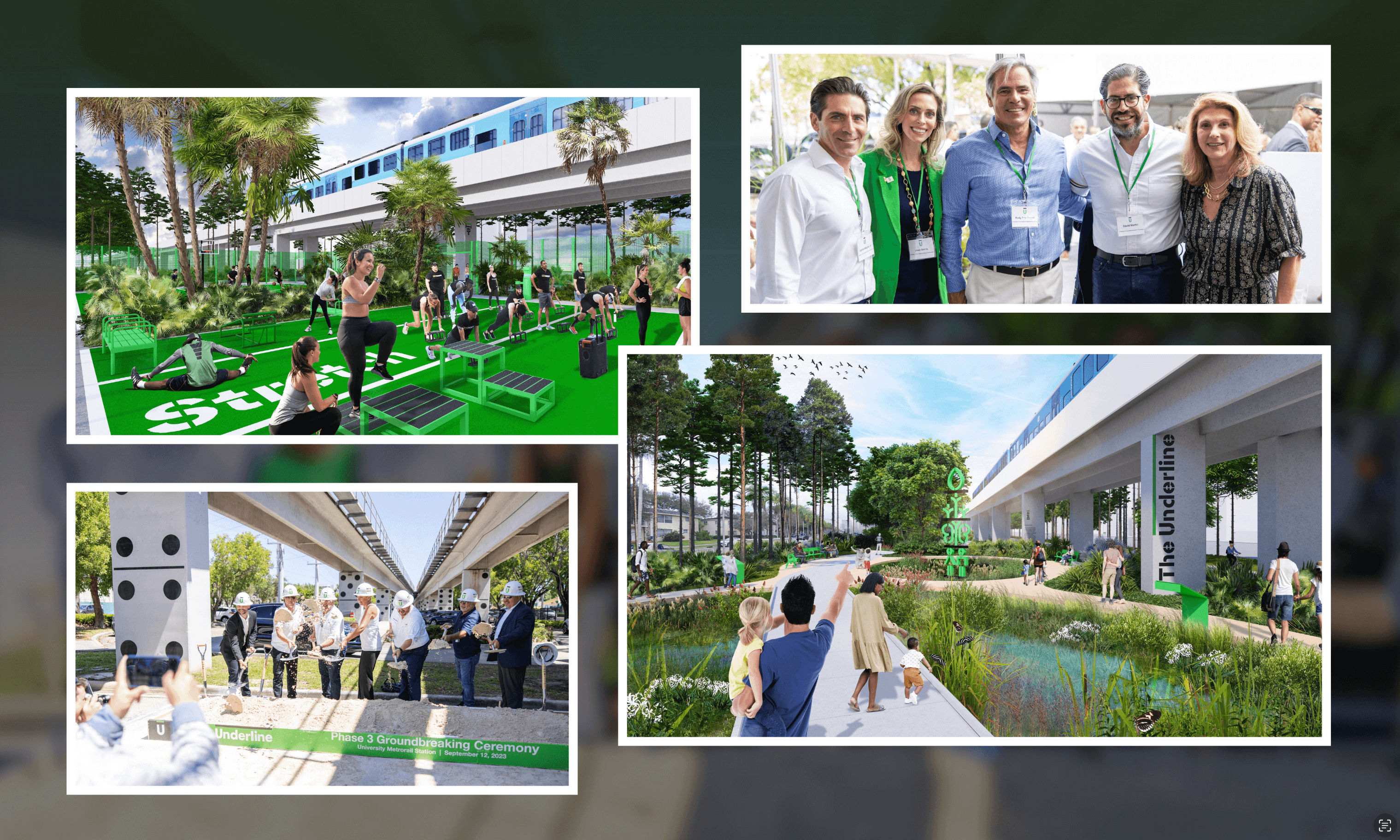 Collage of four images showing community and development activities including outdoor group fitness under a metro rail, a group photo of five smiling adults wearing event badges, a groundbreaking ceremony with people in hard hats shoveling dirt under metro tracks, and a family walking on a landscaped path with a pond and elevated metro line nearby.