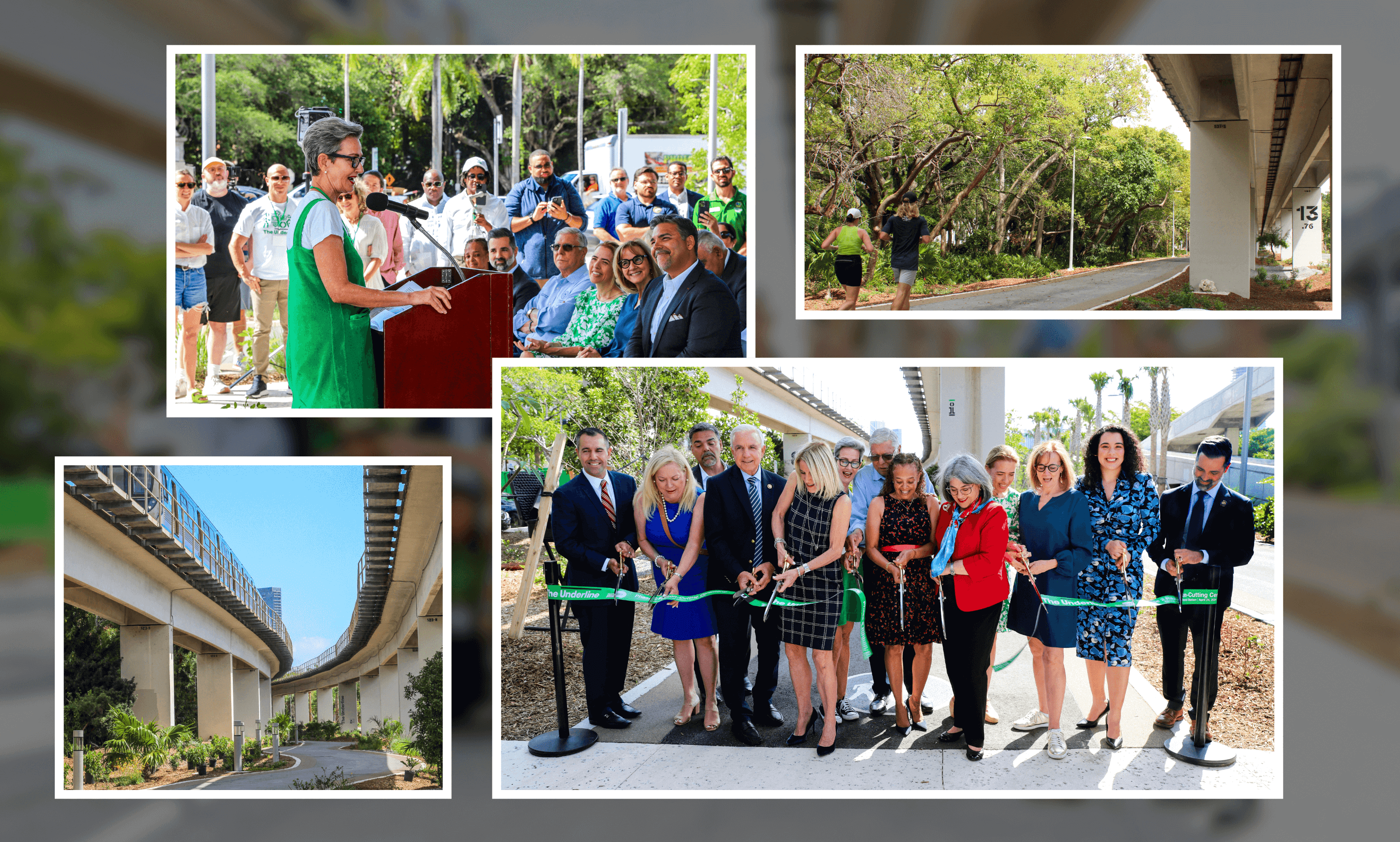 Collage of four images showing a ribbon-cutting event for an outdoor path under a raised train track: a woman speaking at a podium with an audience, two people jogging on a tree-lined path, a curved pathway under the elevated track, and a group of people cutting a green ribbon.