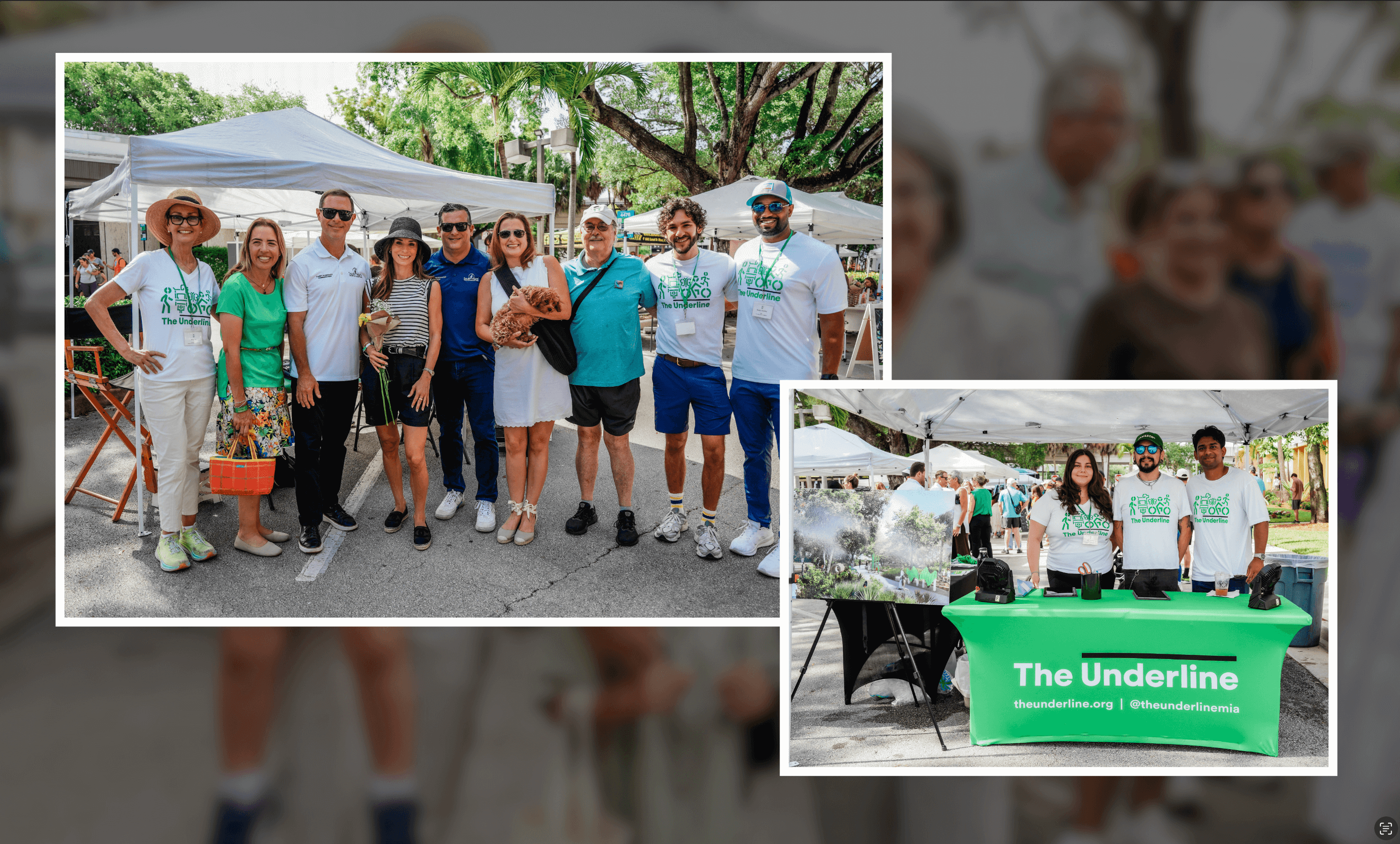 Two photos showing groups of people wearing The Underline T-shirts at an outdoor event with tents.