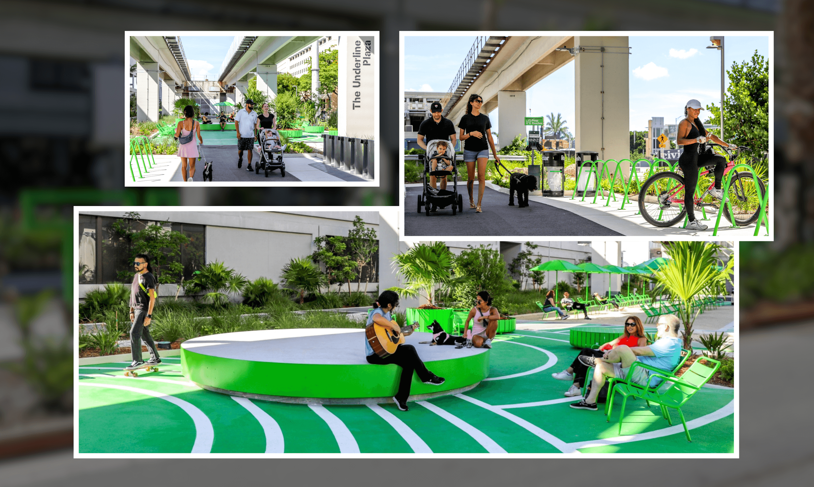 Collage of people enjoying an urban green space under elevated train tracks with walking paths, green seating, bike racks, and landscaping.