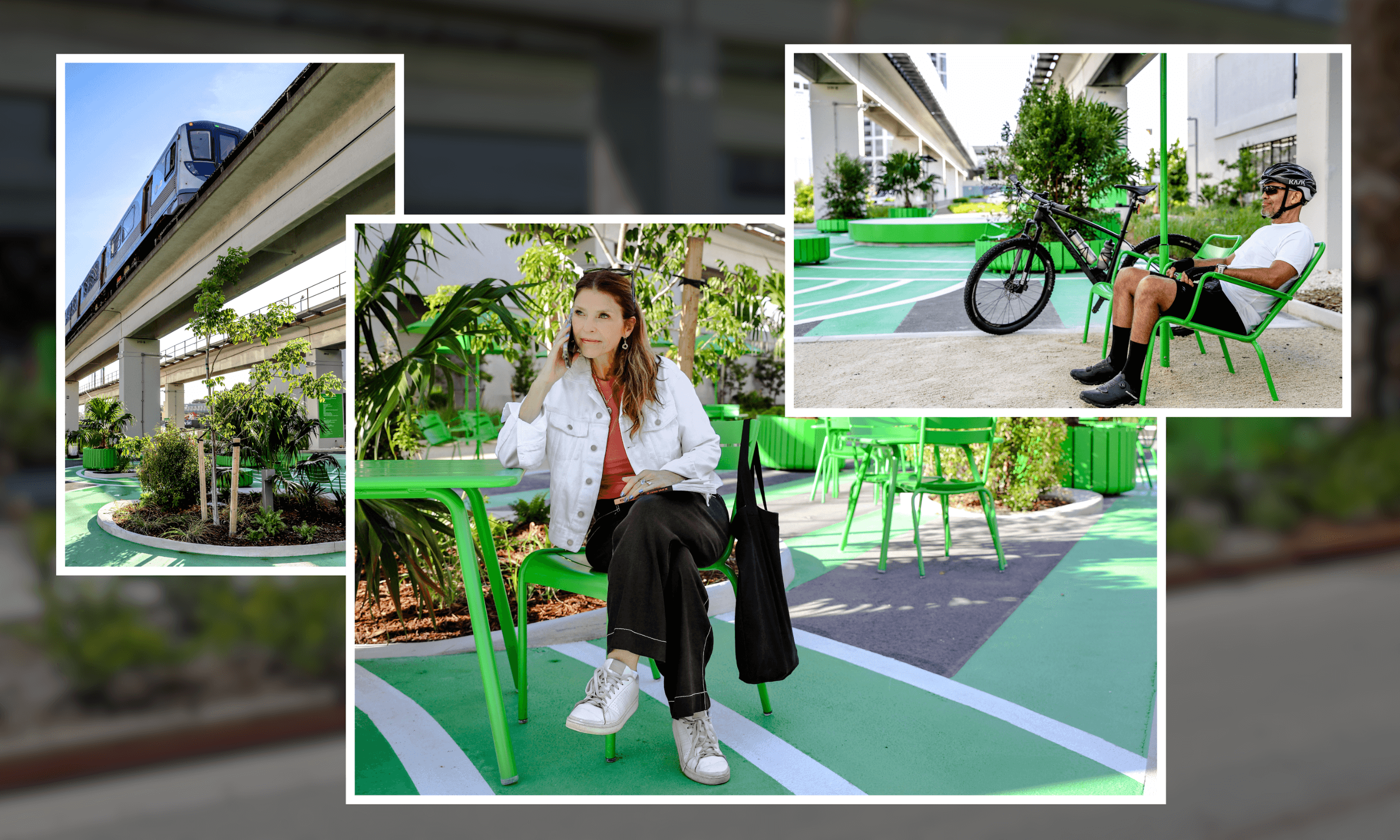 Collage of three images showing a green urban park area with a train on elevated tracks, a woman sitting at a green table on a phone, and a man with a bicycle resting on a green chair.