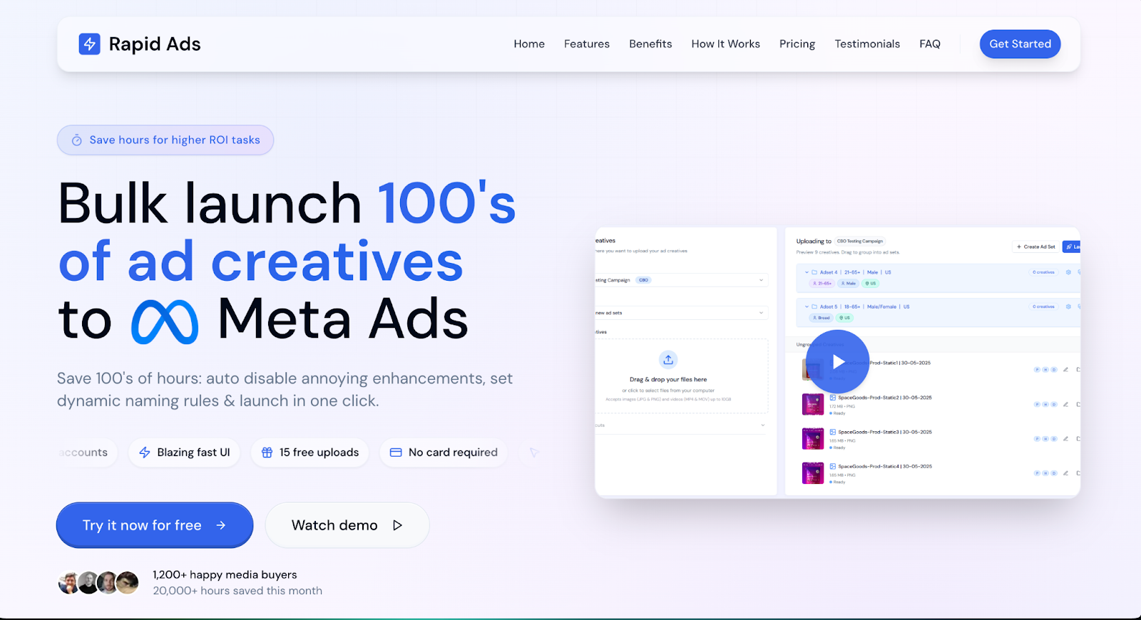 Rapid Ads tool homepage to bulk launch hundreds of ad creatives to Meta Ads in one click