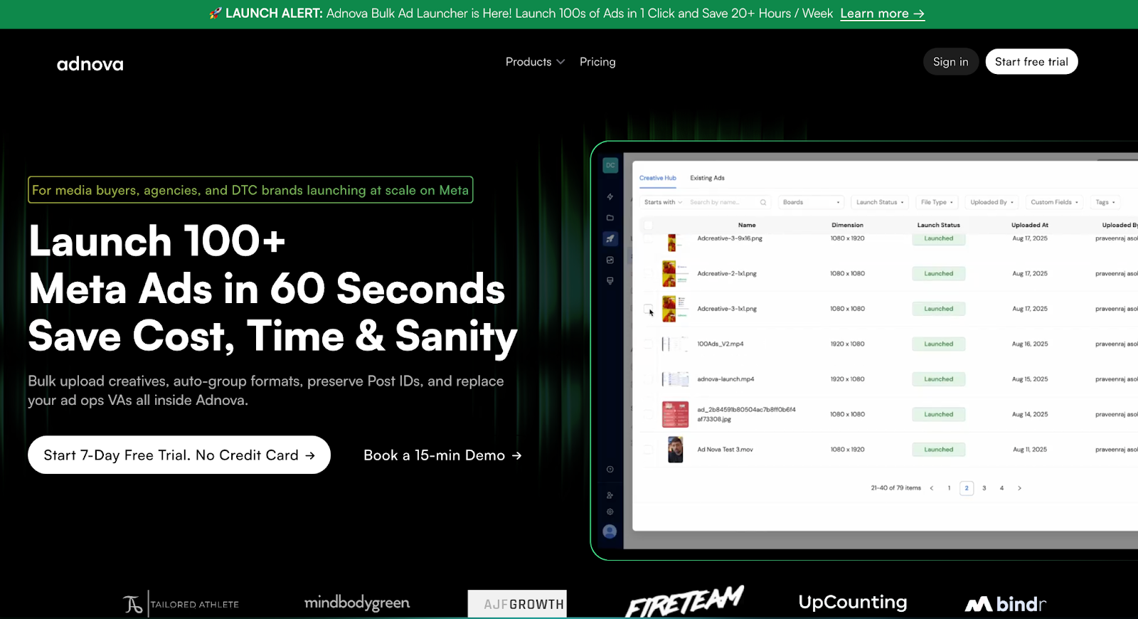 Adnova bulk ad launcher homepage to launch 100 plus Meta ads in 60 seconds for agencies and brands