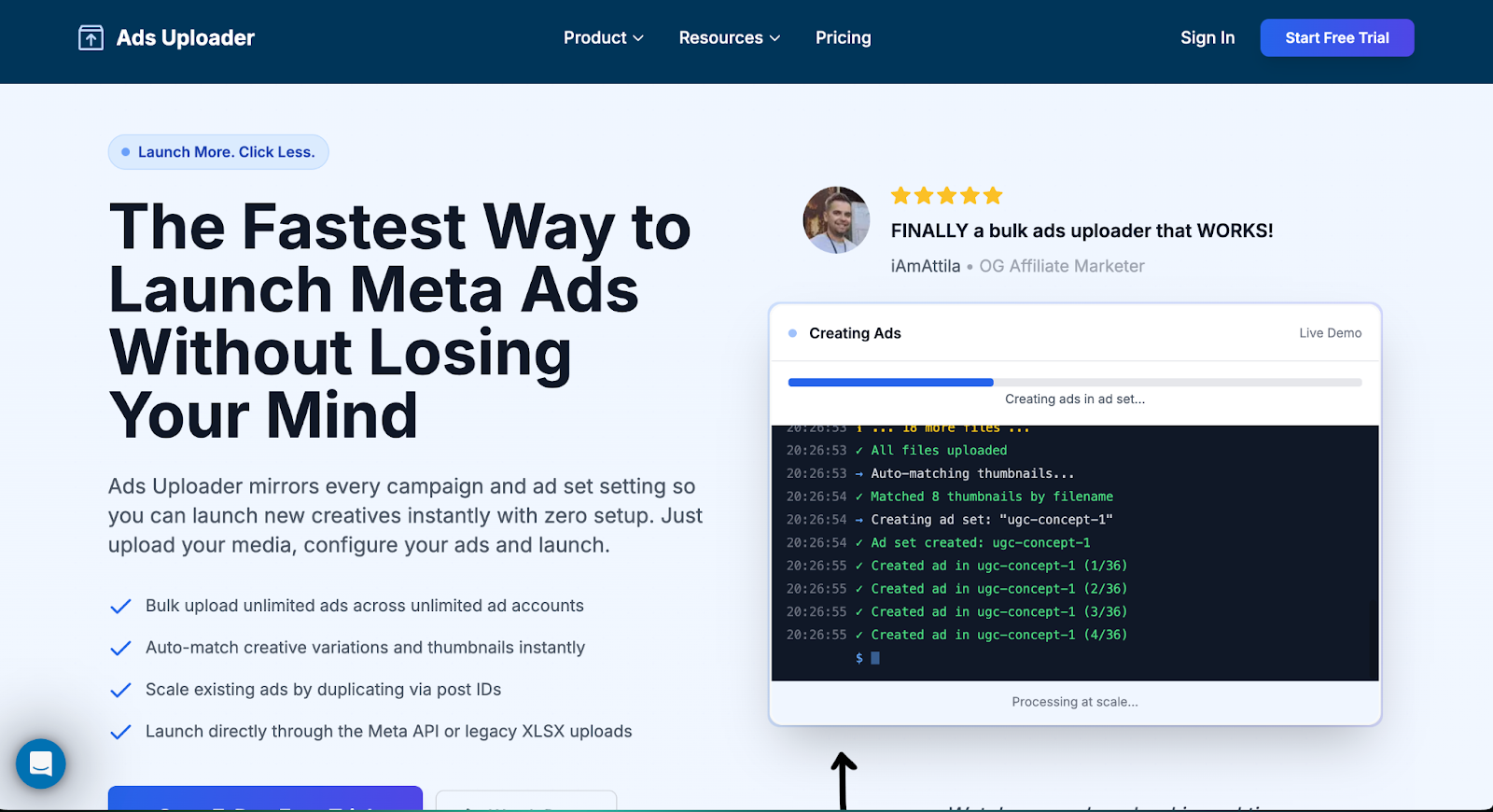 Ads Uploader homepage showing the fastest way to launch Meta ads with bulk upload and auto matching