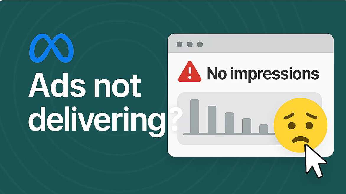 Meta ads not delivering showing no impressions warning with declining chart and confused emoji