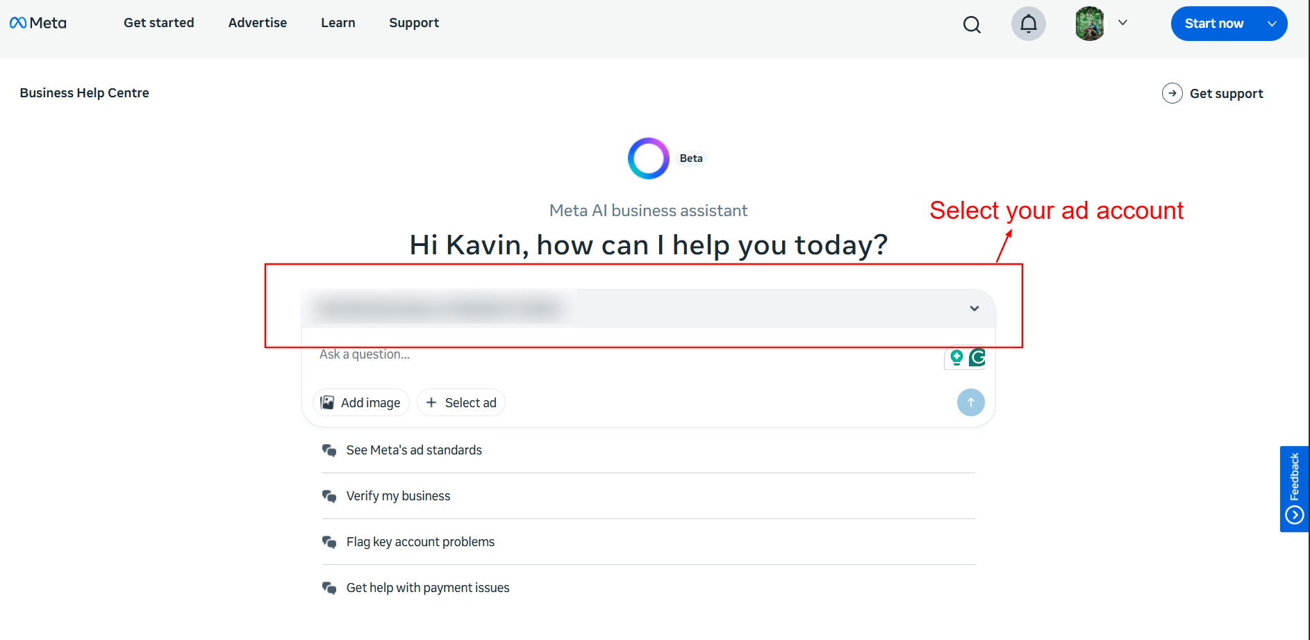 Meta Business Help Centre showing AI business assistant interface to select ad account and get support