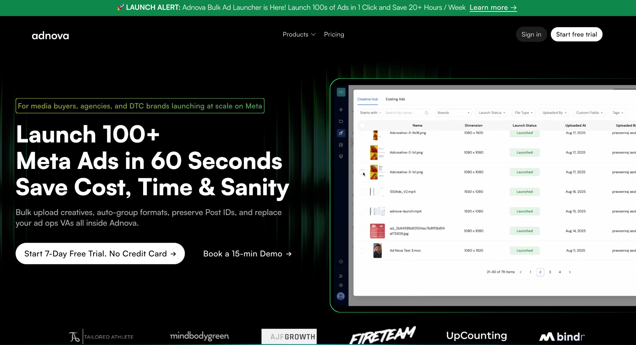 Adnova bulk ad launcher dashboard showing launched Meta ad creatives with dimensions and upload dates