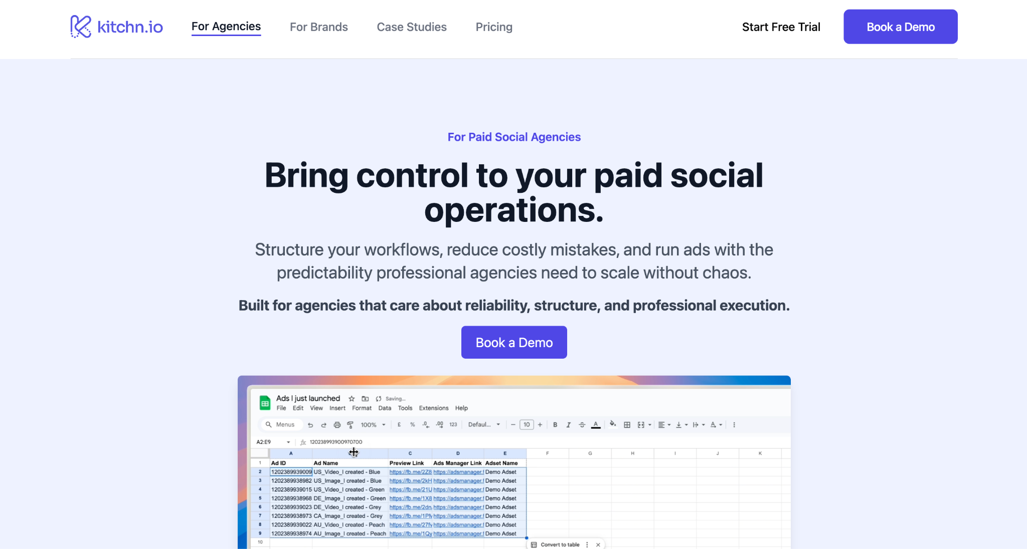 Kitchn.io homepage for paid social agencies showing a Google Sheets-style ad management interface with the headline Bring control to your paid social operations