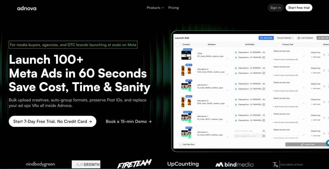 Adnova bulk ad launcher dashboard showing how to launch 100+ Meta ads in 60 seconds, with a campaign management interface and client brand logos