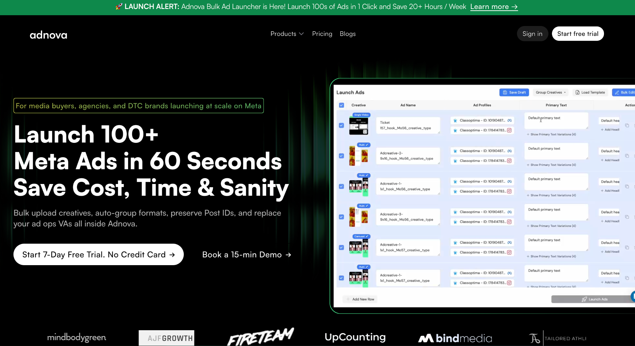 Adnova homepage: Launch 100+ Meta Ads in 60 Seconds. Bulk ad launcher tool for media buyers and DTC brands.