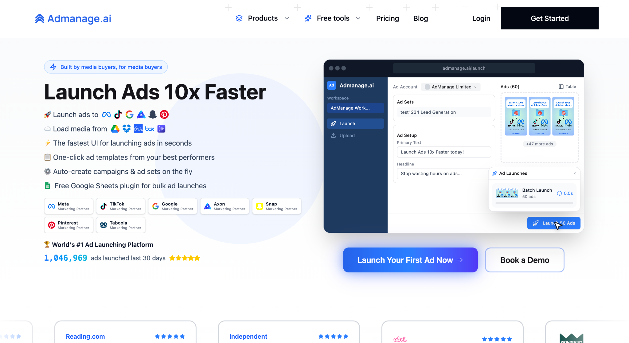 Admanage.ai homepage: Launch Ads 10x Faster across Meta, TikTok, Google and more. 1M+ ads launched.
