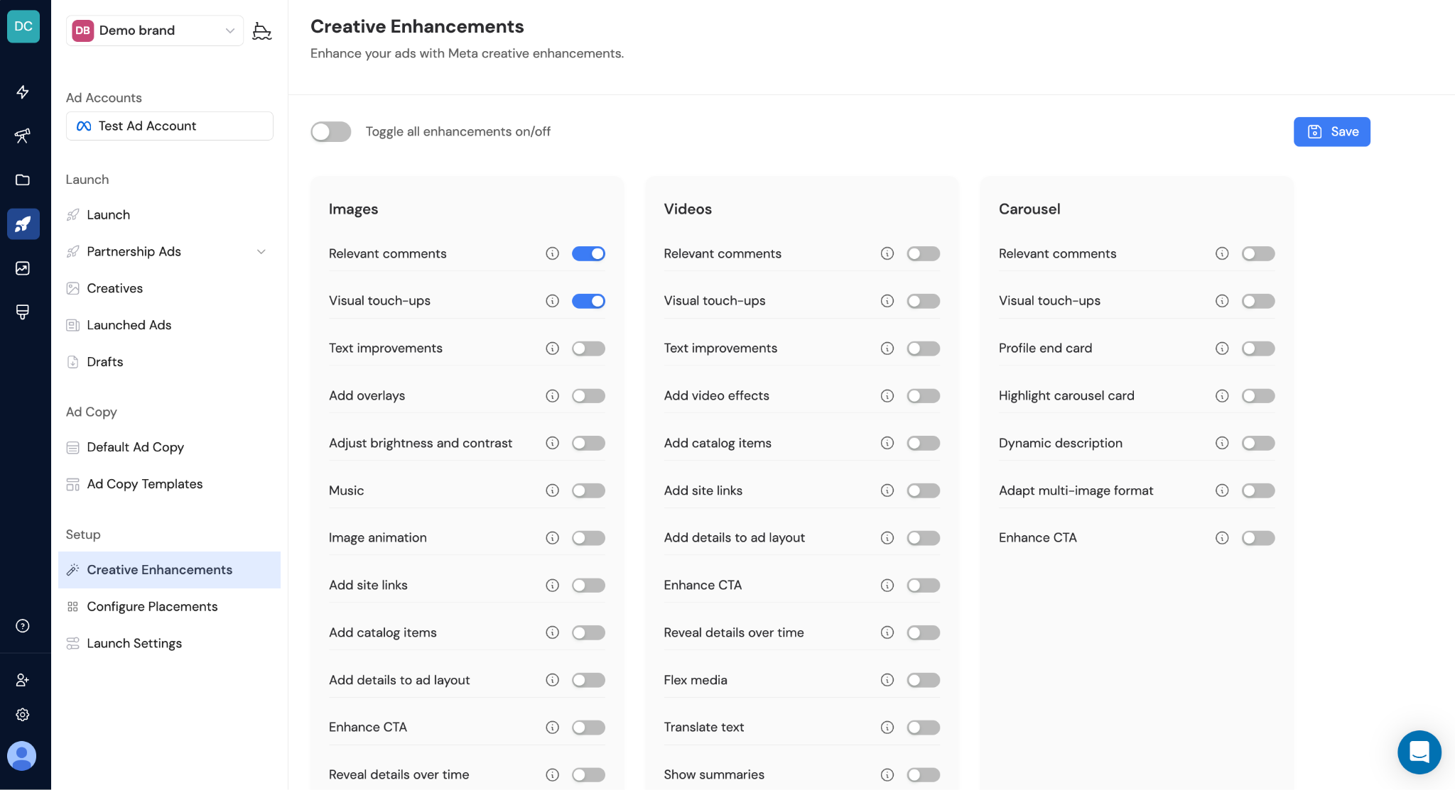 Creative Enhancements settings panel showing toggle options for Images, Videos, and Carousel ad formats.