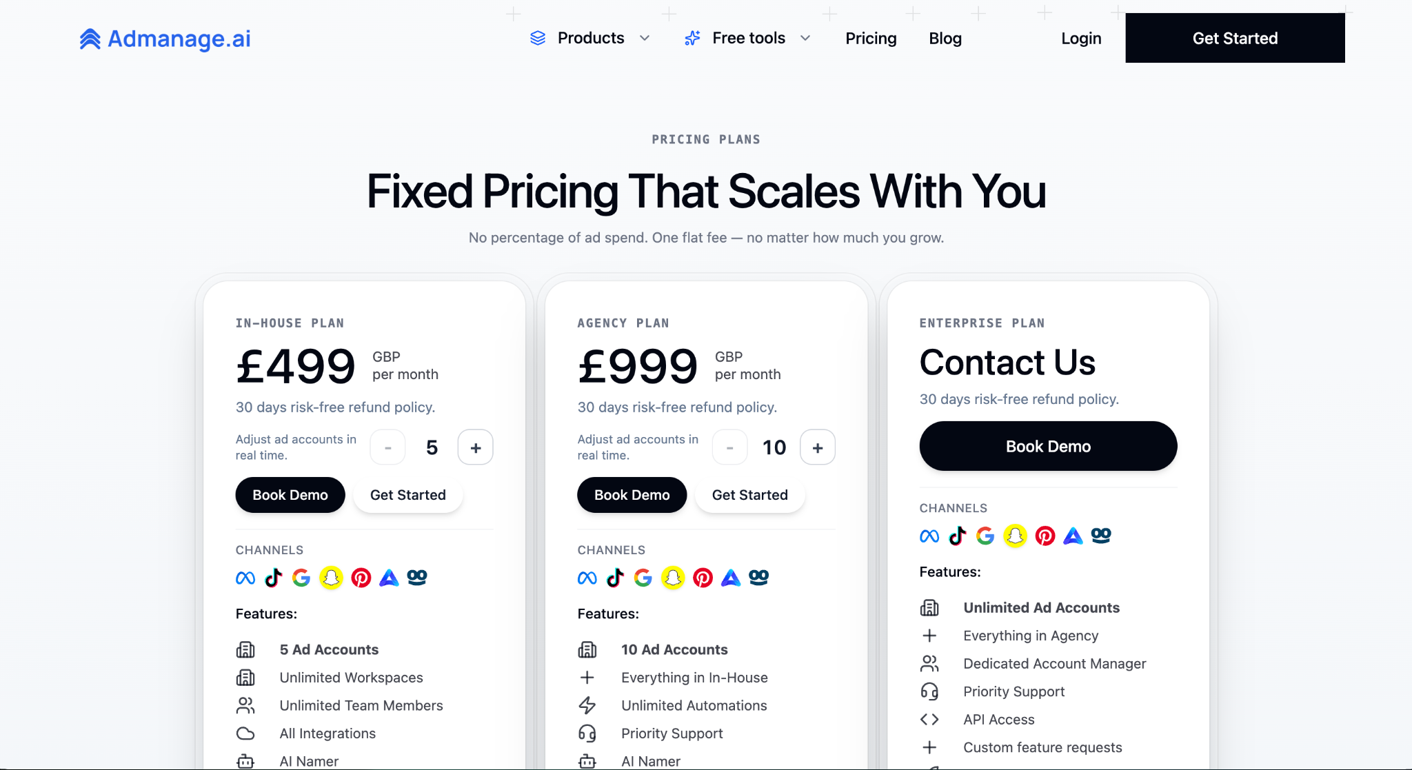 Admanage.ai pricing plans: In-House £499/mo, Agency £999/mo, Enterprise custom. Flat fee, no ad spend %.