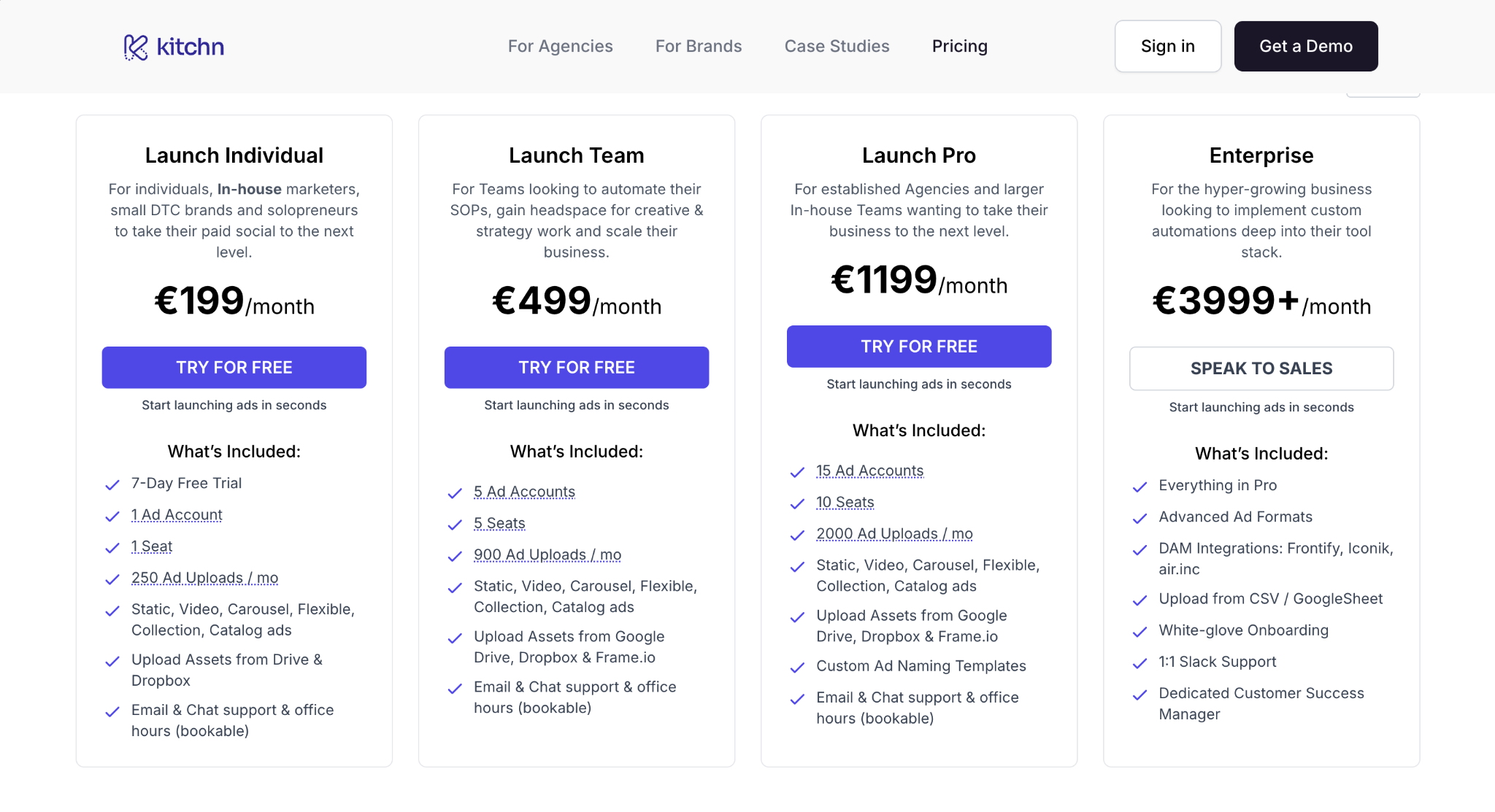 Kitchn pricing page with four tiers: Launch Individual €199, Team €499, Pro €1199, Enterprise €3999+/mo