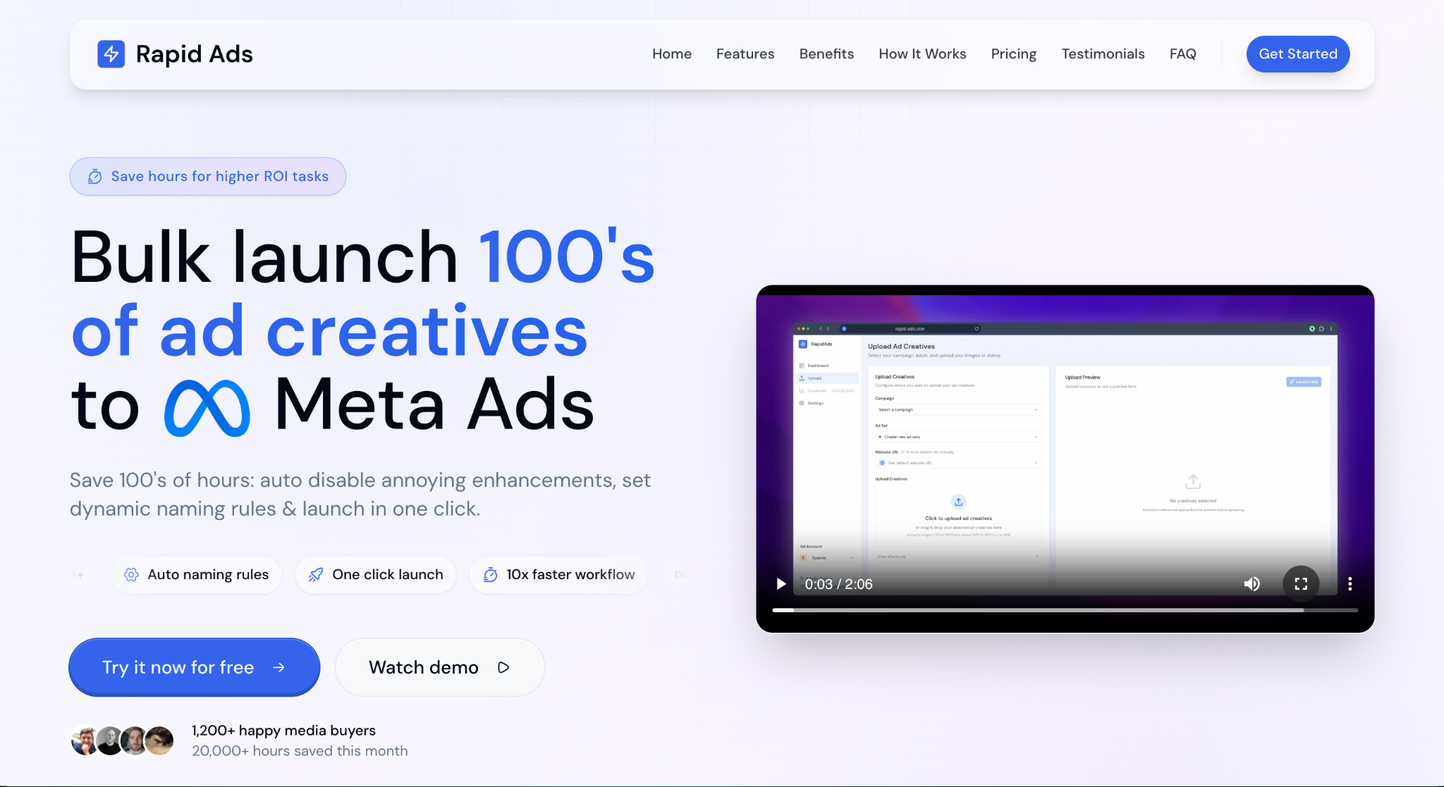 Rapid Ads bulk ad launcher homepage for Meta Ads with one-click launch feature
