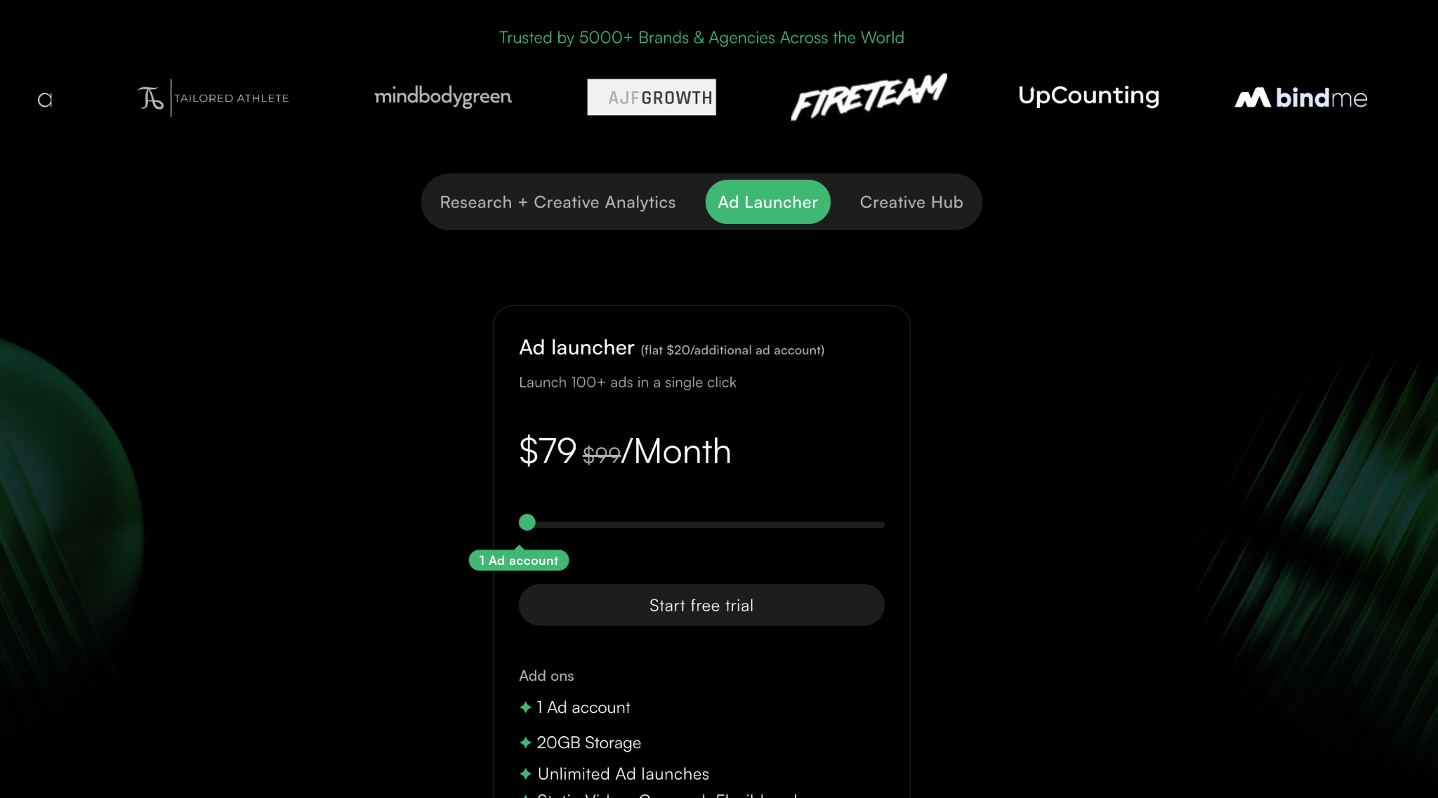 adnova Ad Launcher pricing at $79/month with unlimited ad launches and 20GB storage