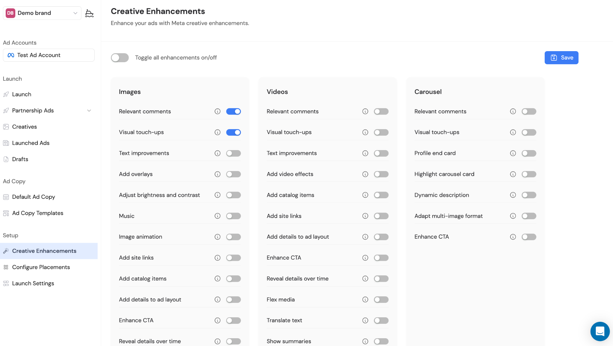 adnova creative enhancements dashboard with account-level toggles for images, videos, and carousels