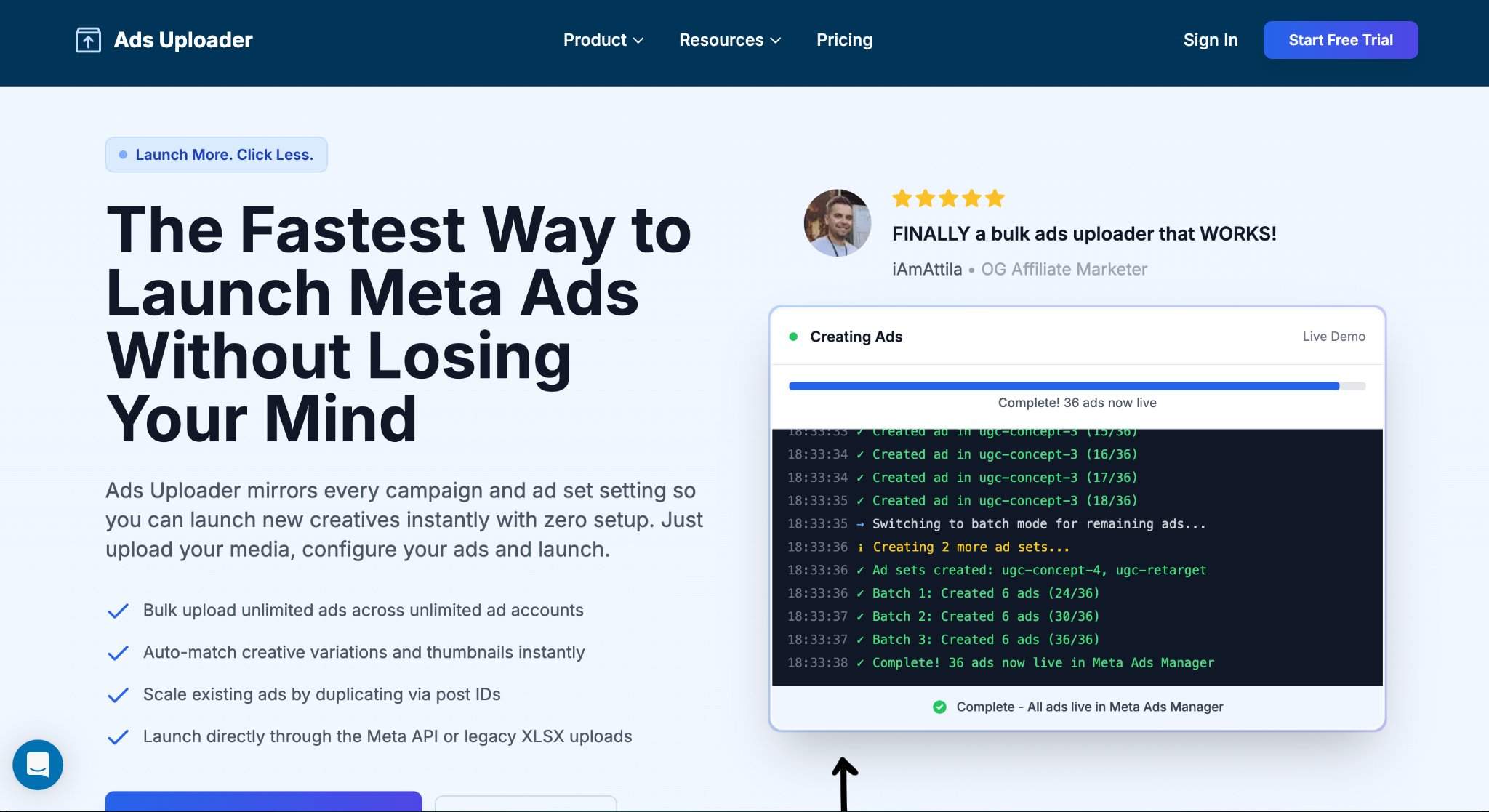 Ads Uploader homepage - fastest way to launch Meta ads