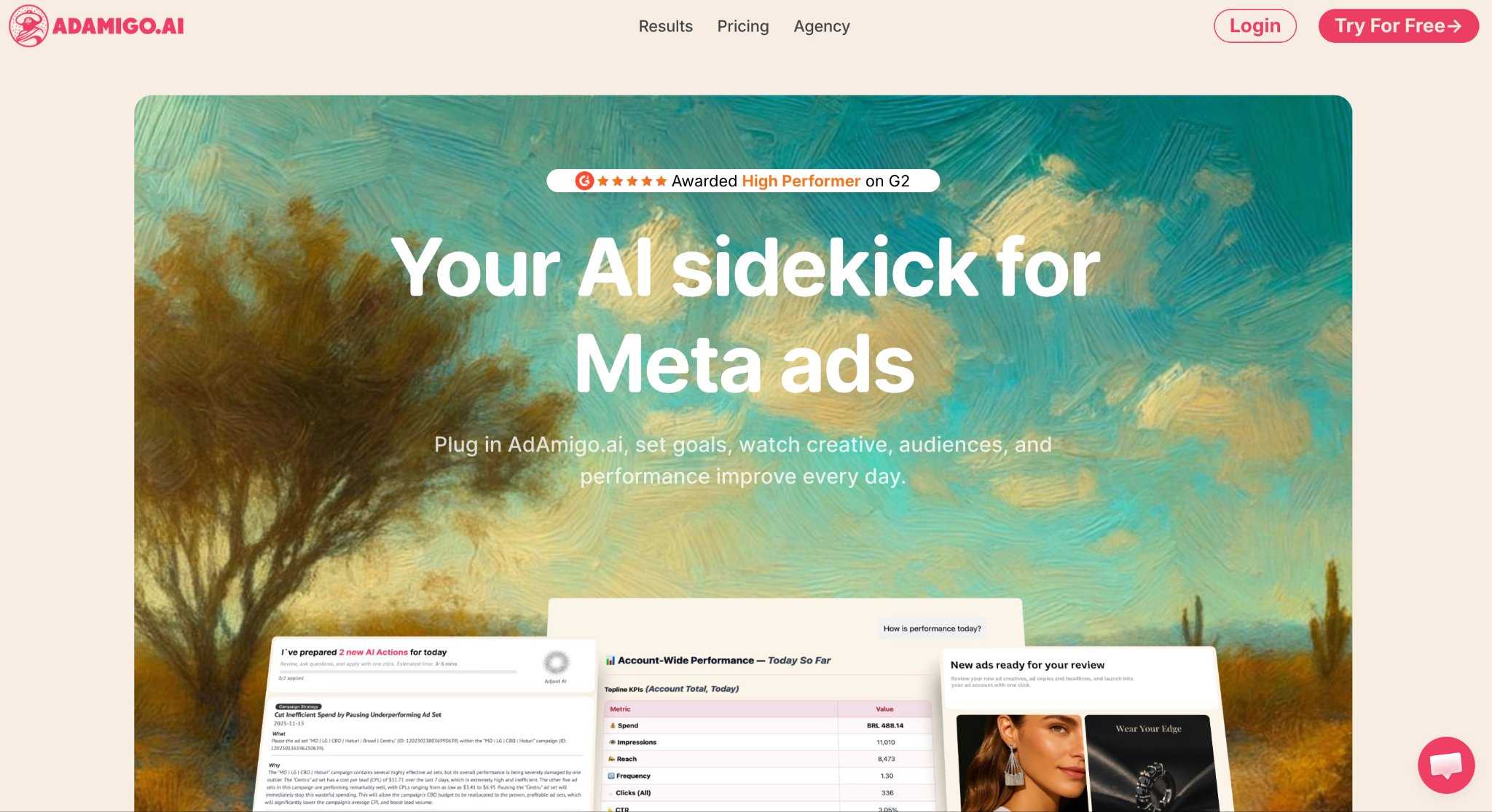 adamigo.ai homepage showing AI-powered Meta ads optimization platform
