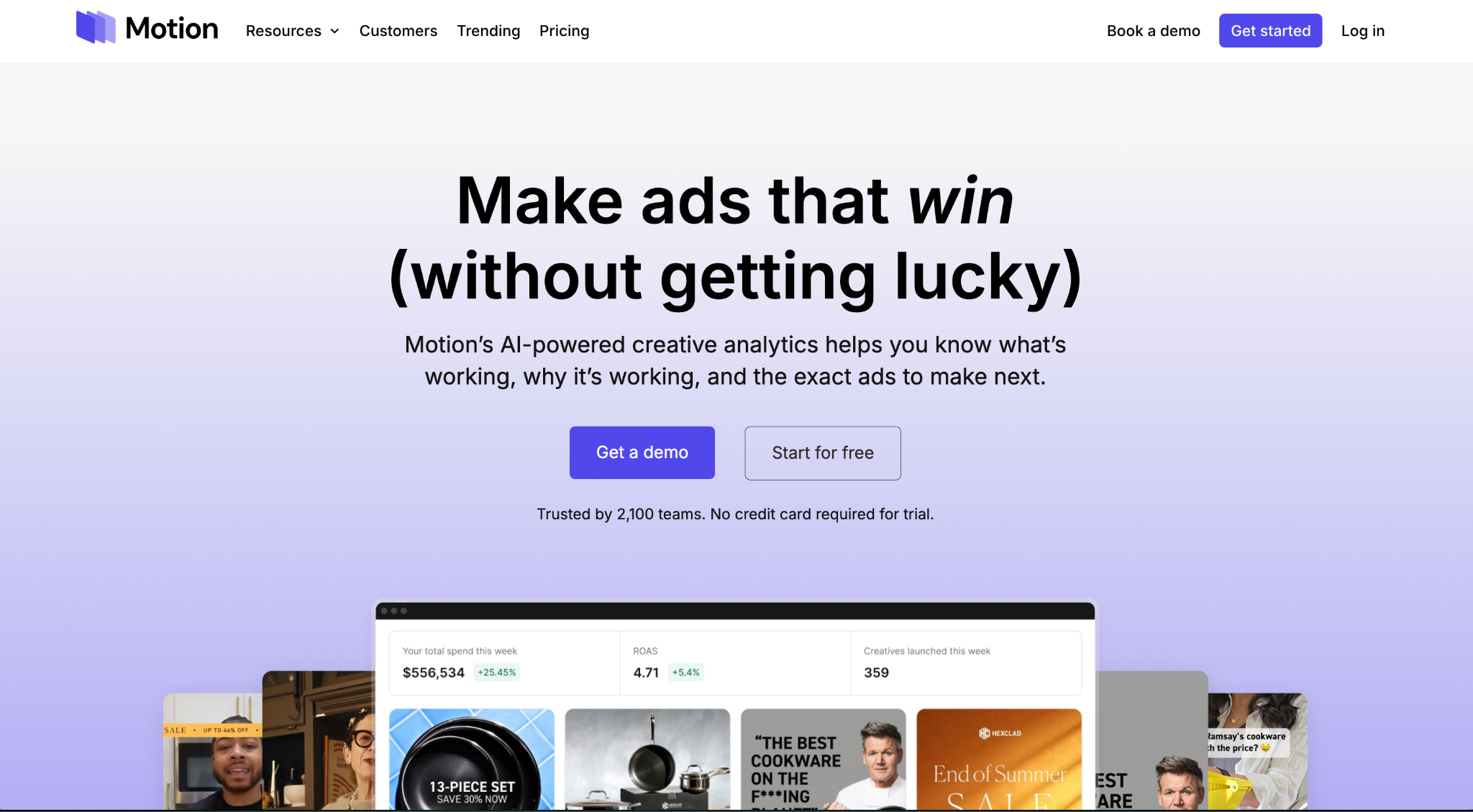Motion homepage hero: "Make ads that win (without getting lucky)" with AI creative analytics tagline