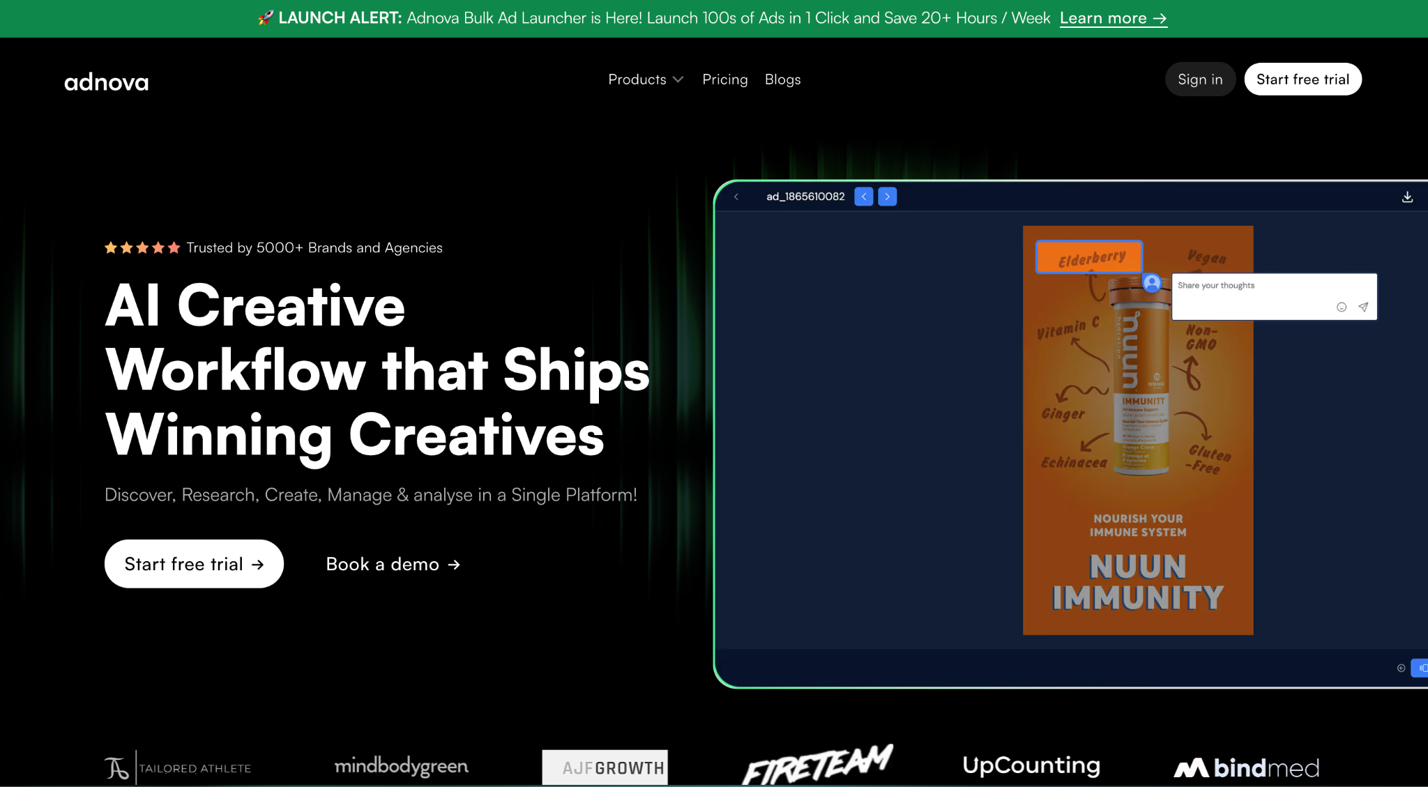 Adnova homepage: AI Creative Workflow platform trusted by 5000+ brands and agencies