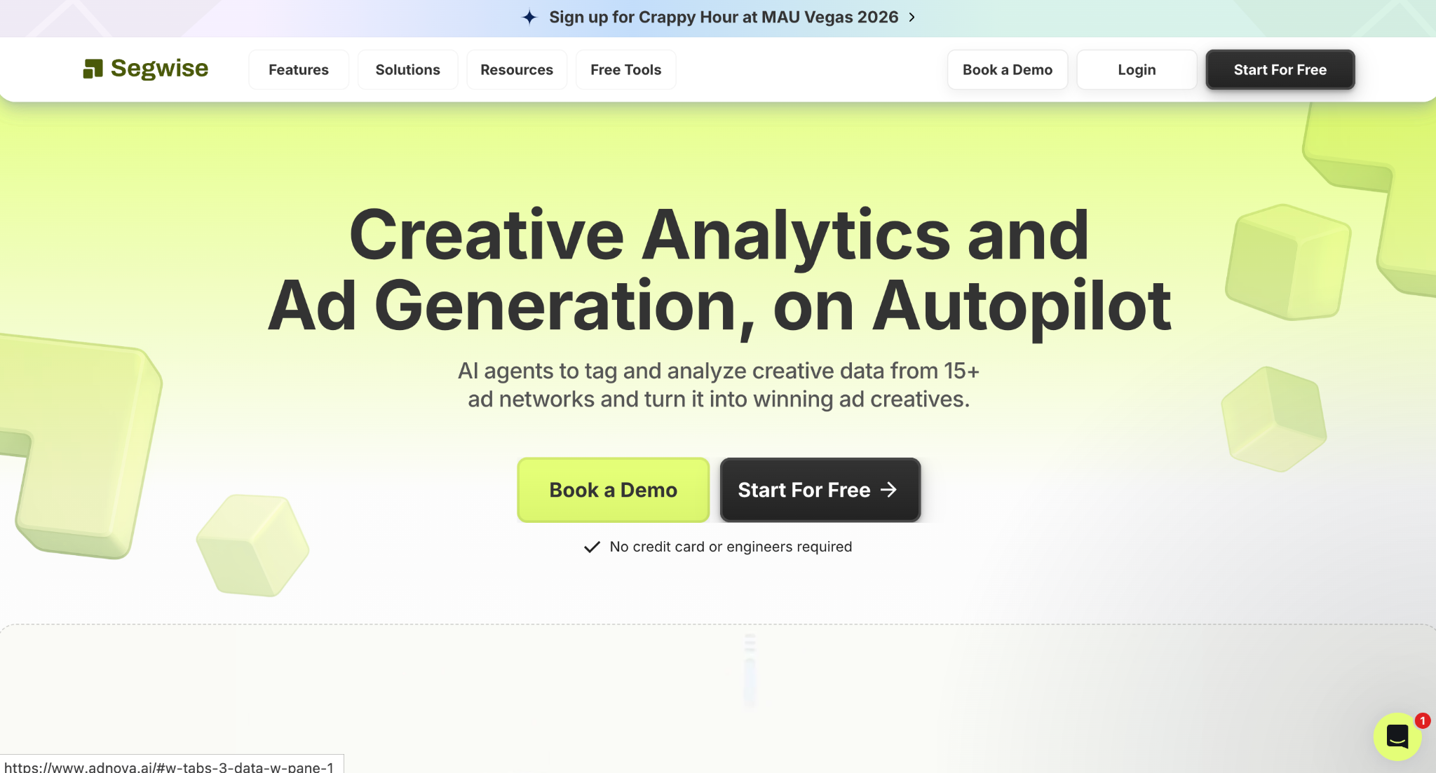 Segwise homepage showing Creative Analytics and Ad Generation on Autopilot with AI agents across 15+ ad networks
