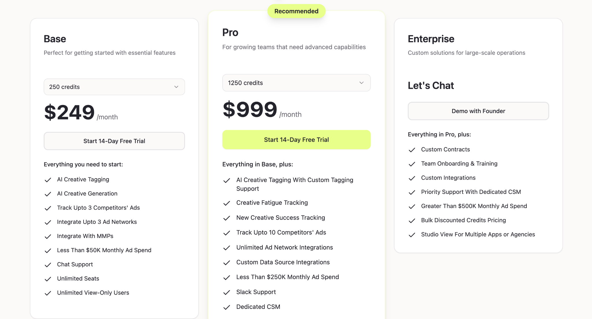 Segwise pricing plans showing Base at $249, Pro at $999 per month, and Enterprise with custom pricing