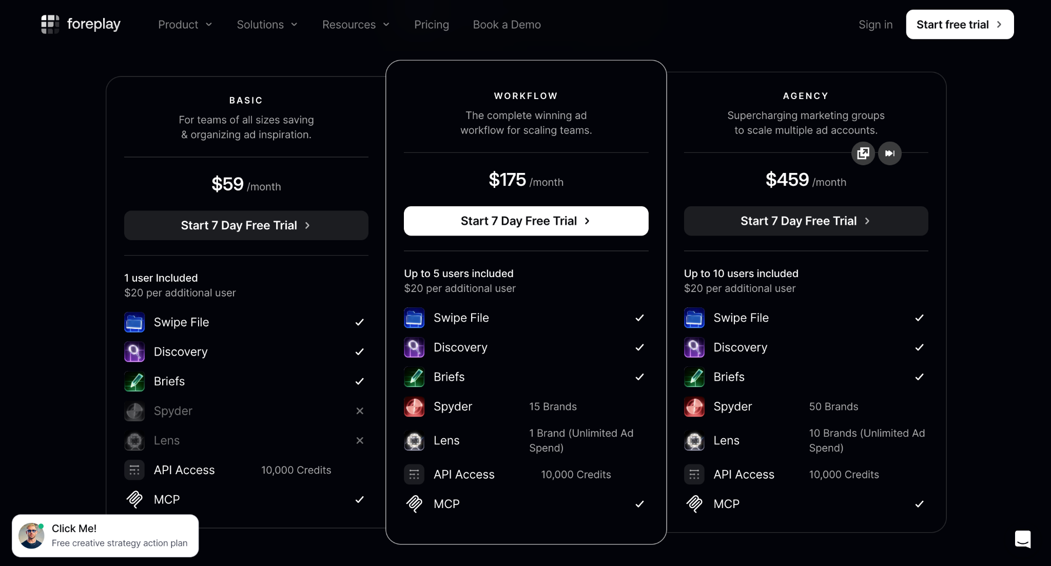 Foreplay pricing: Basic $59, Workflow $175, Agency $459/month with Swipe File, Spyder, Lens, and MCP features.