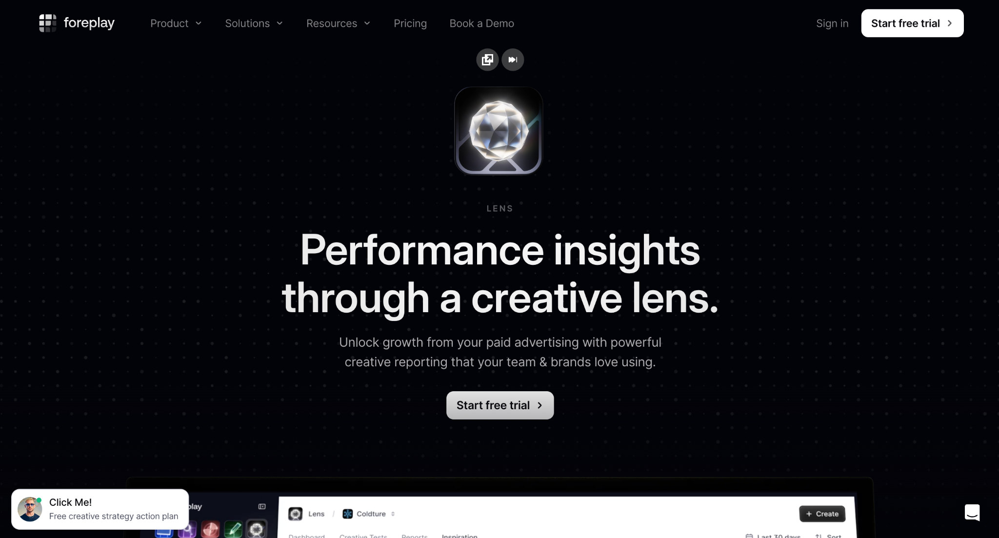 Foreplay Lens landing page: "Performance insights through a creative lens." with Start free trial button.