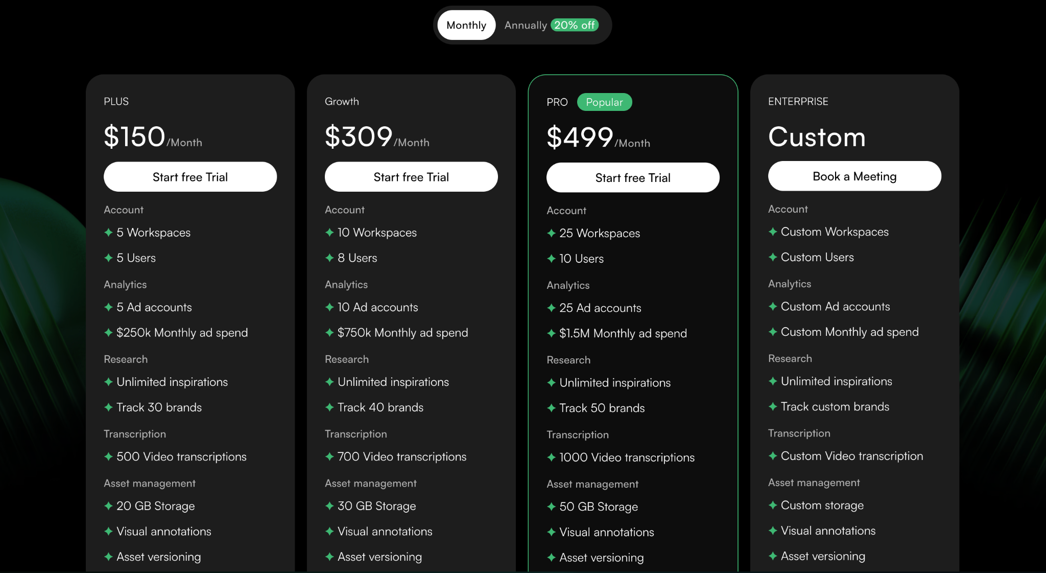Adnova pricing plans: Plus $150, Growth $309, Pro $499, and Enterprise custom per month