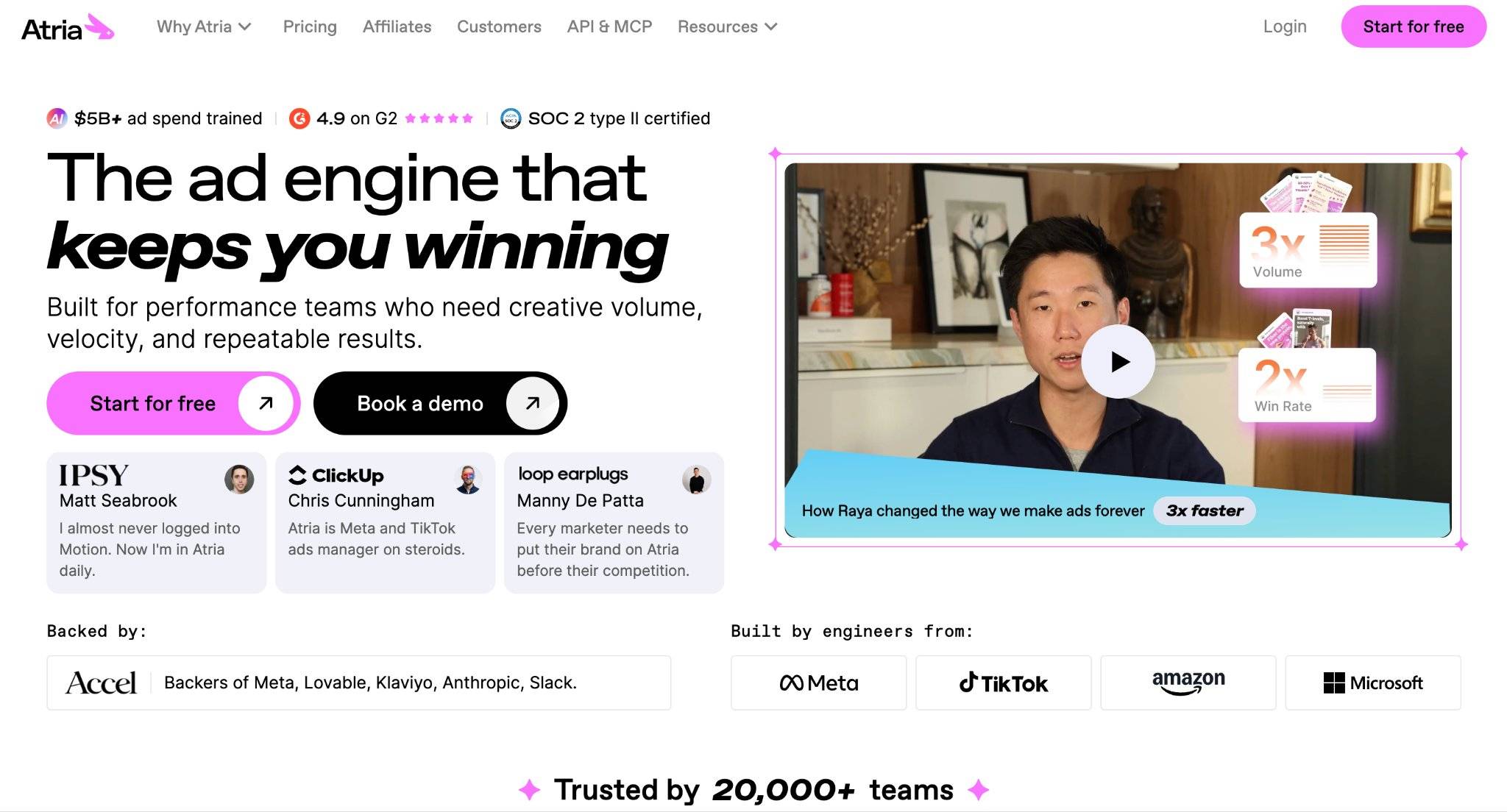 Atria homepage showing the ad engine that keeps you winning, trusted by 20,000+ teams