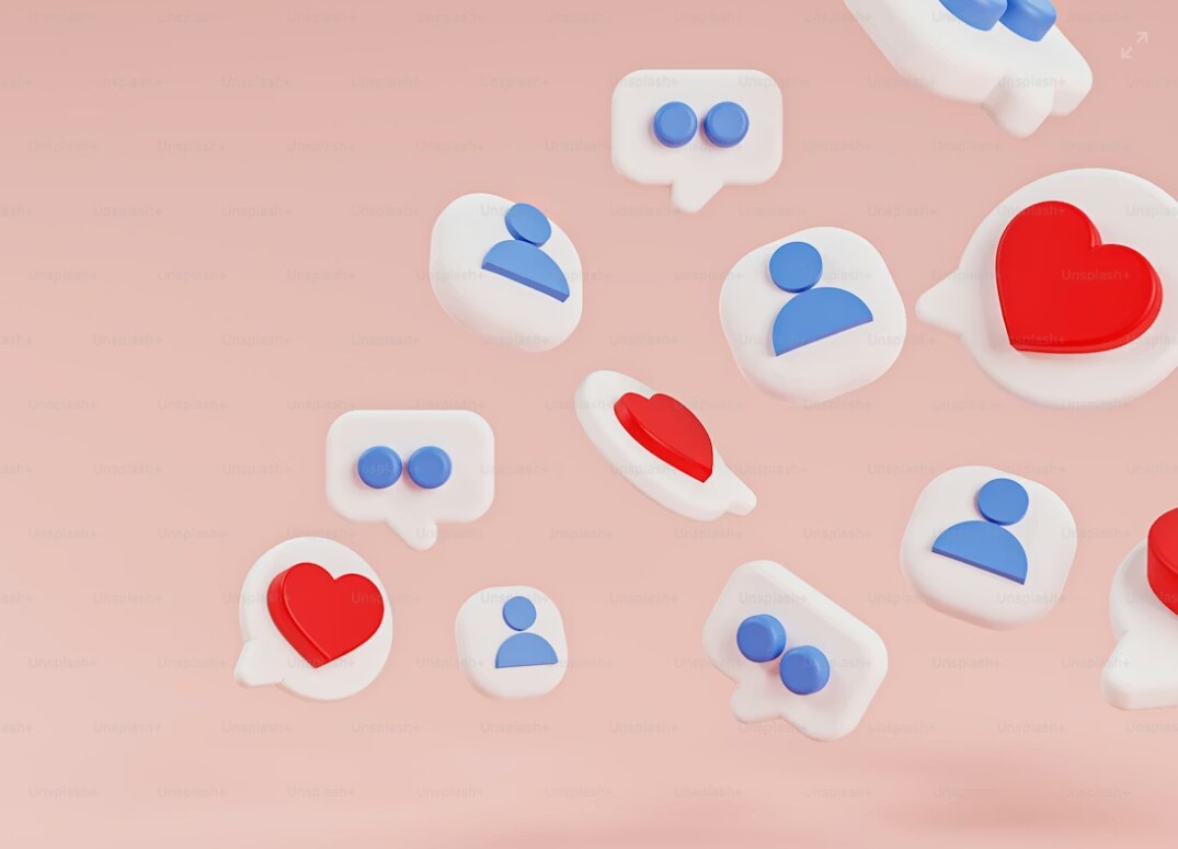 Social media icons including user profiles, hearts, and messages on a pink background.