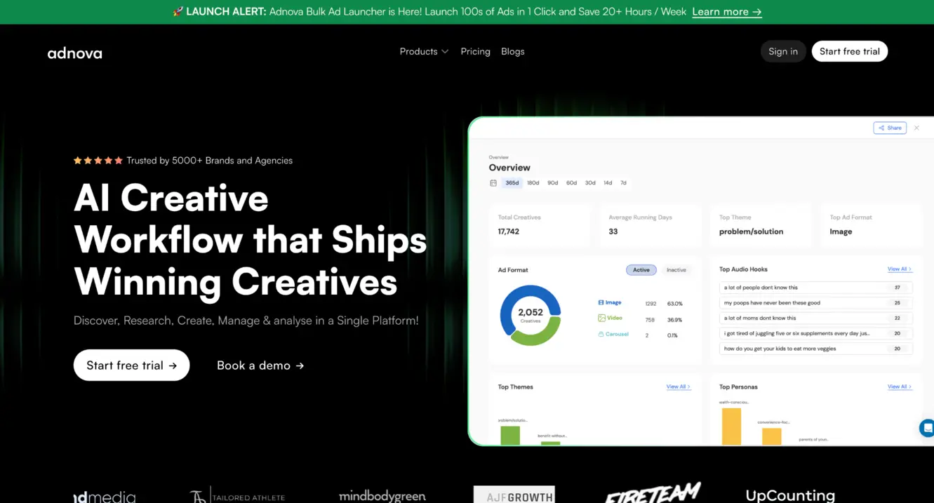 Adnova dashboard showing 17,742 creatives with format breakdown, hooks analysis, and themes