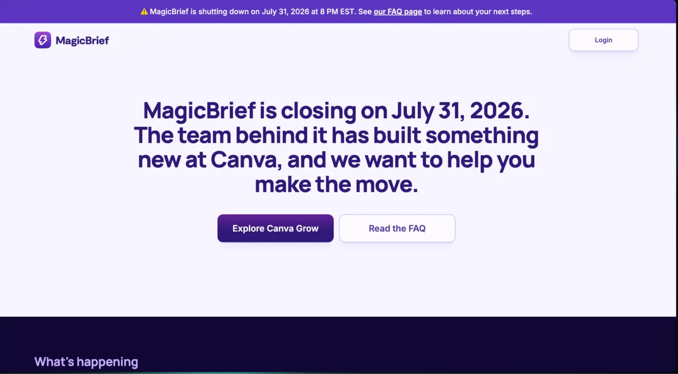 MagicBrief shutdown notice stating platform closes July 31, 2026 with Canva Grow transition