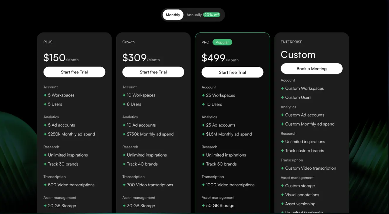 Adnova pricing plans ranging from $150/month Plus to $499/month Pro with custom Enterprise