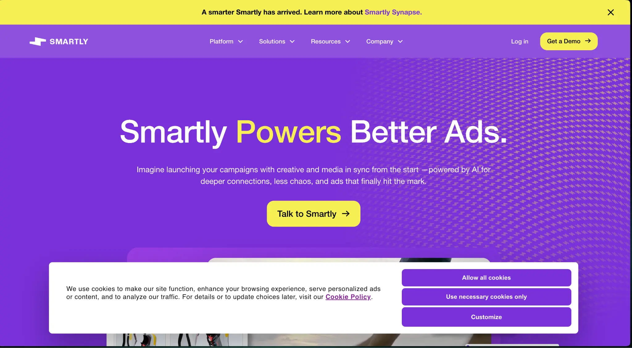 Smartly homepage displaying Smartly Powers Better Ads headline with Talk to Smartly call-to-action button