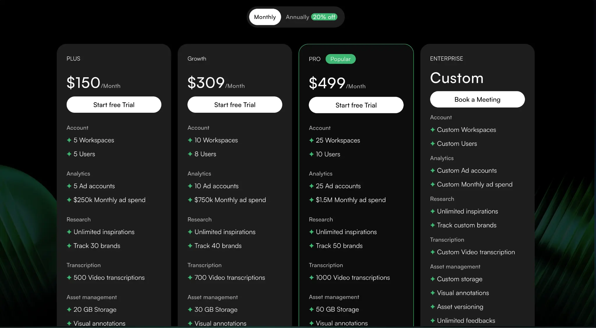 Adnova pricing plans showing Plus $150, Growth $309, Pro $499, and Enterprise custom options with features