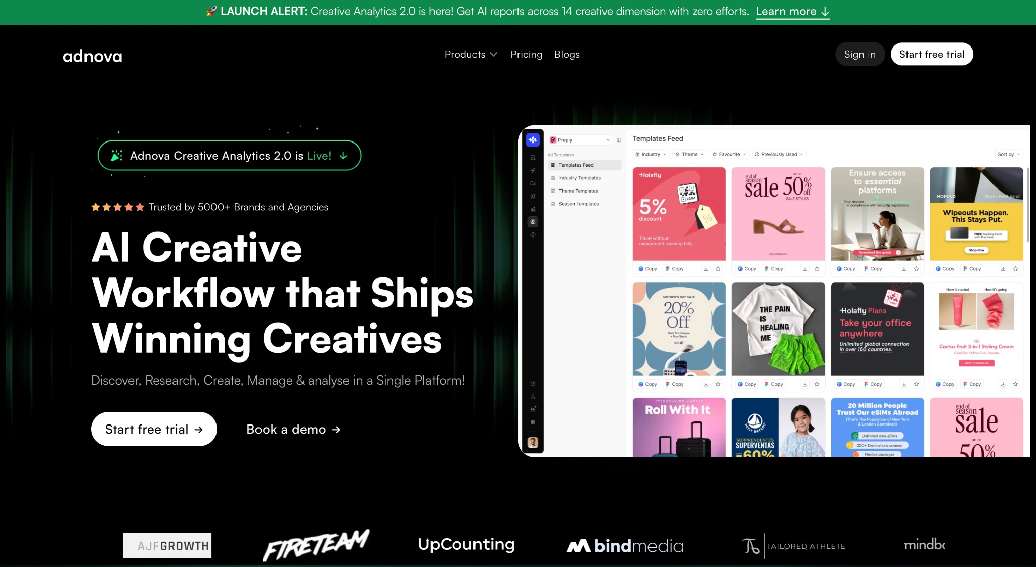 Adnova homepage with AI creative workflow templates