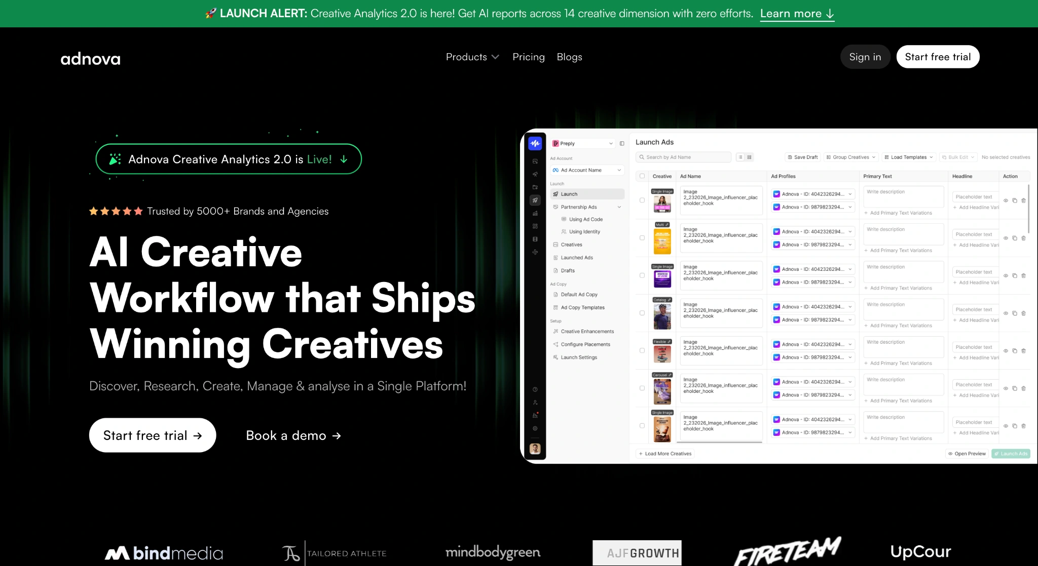 Adnova homepage showing AI creative workflow hero and bulk ad launcher dashboard
